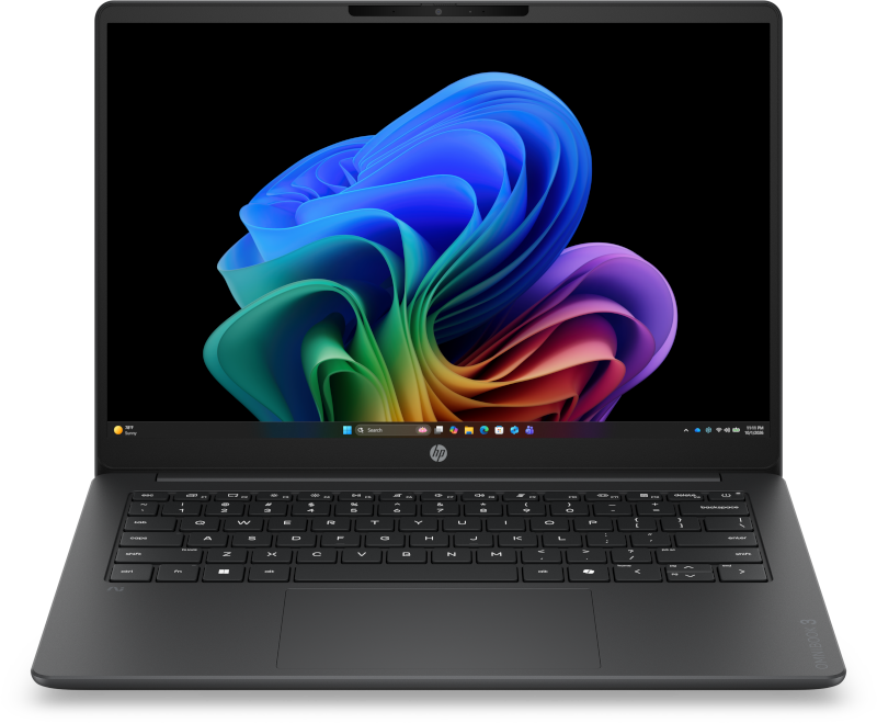 Ein schwarzer HP-Laptop mit einem bunten, abstrakten Hintergrundbild.