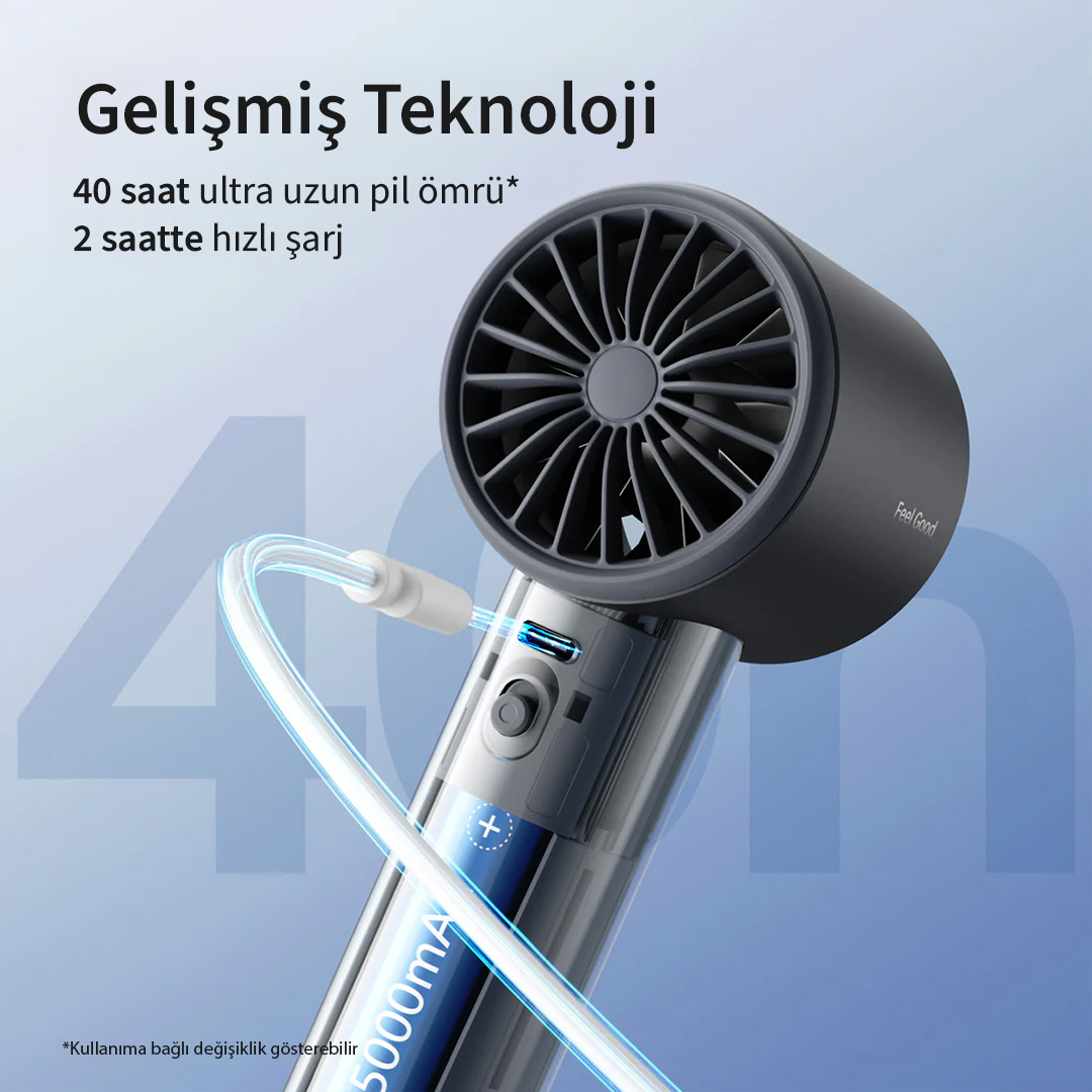 Uzun pil ömrü vurgulanan siyah, USB şarj kablolu taşınabilir vantilatör.