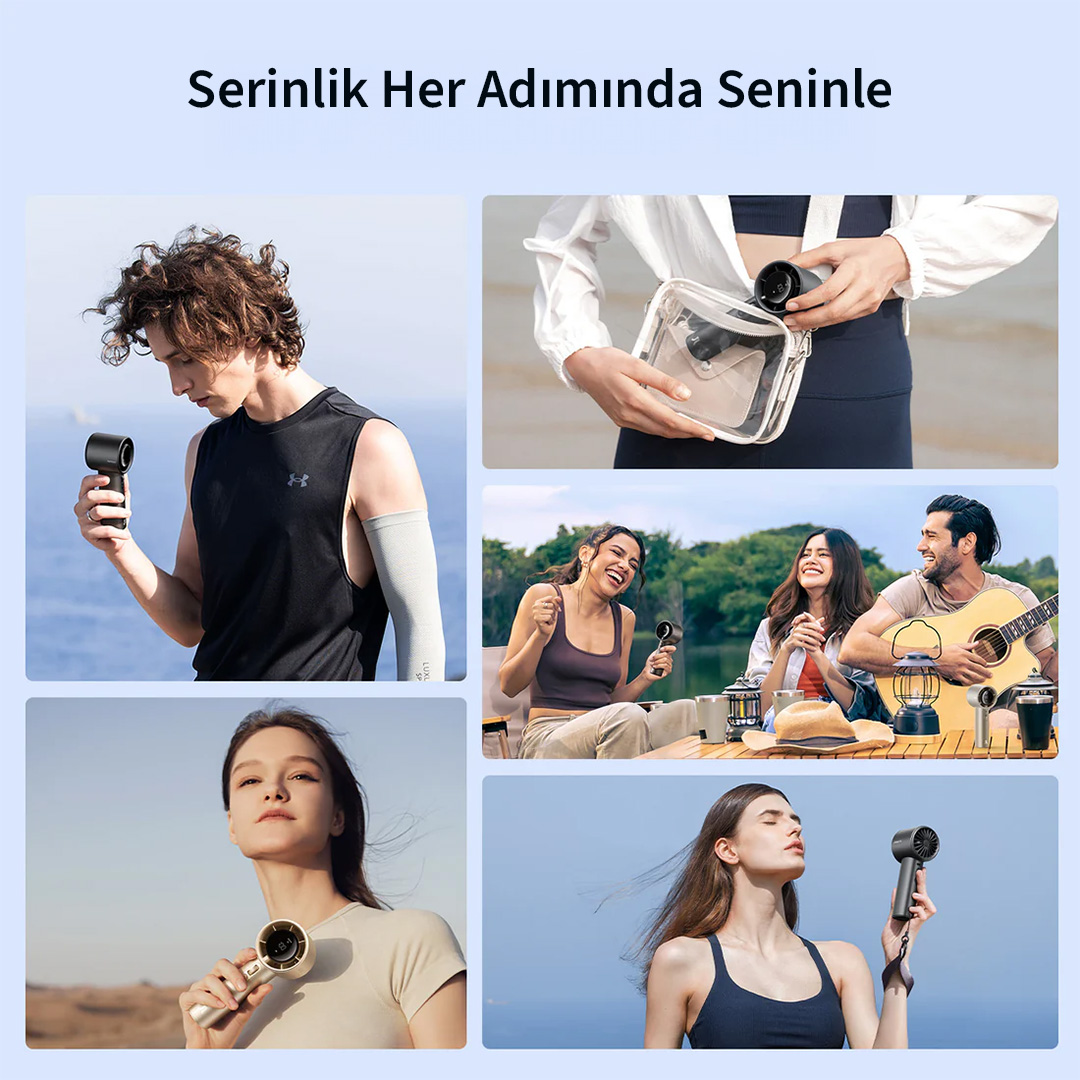 Kolaş, çeşitli dış mekanlarda taşınabilir fanlı insanları gösteriyor.