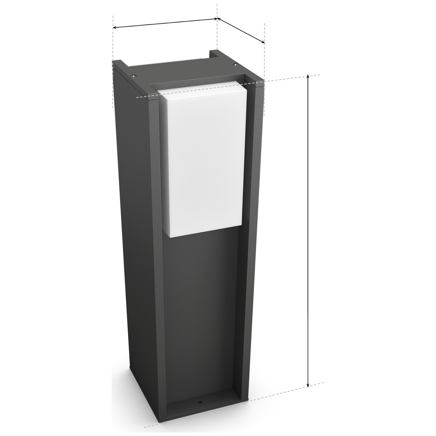 A dark, rectangular post with a white insert in the middle, dimensions are indicated.