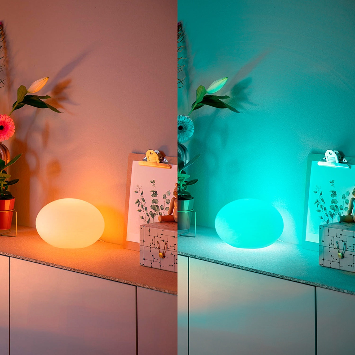 An oval lamp glows orange on the left and turquoise on the right side.