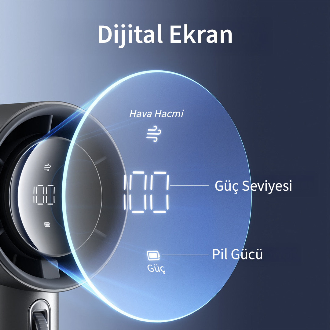 Saç kurutma makinesinin dijital ekranı: hava akışı, güç seviyesi ve pil durumu.