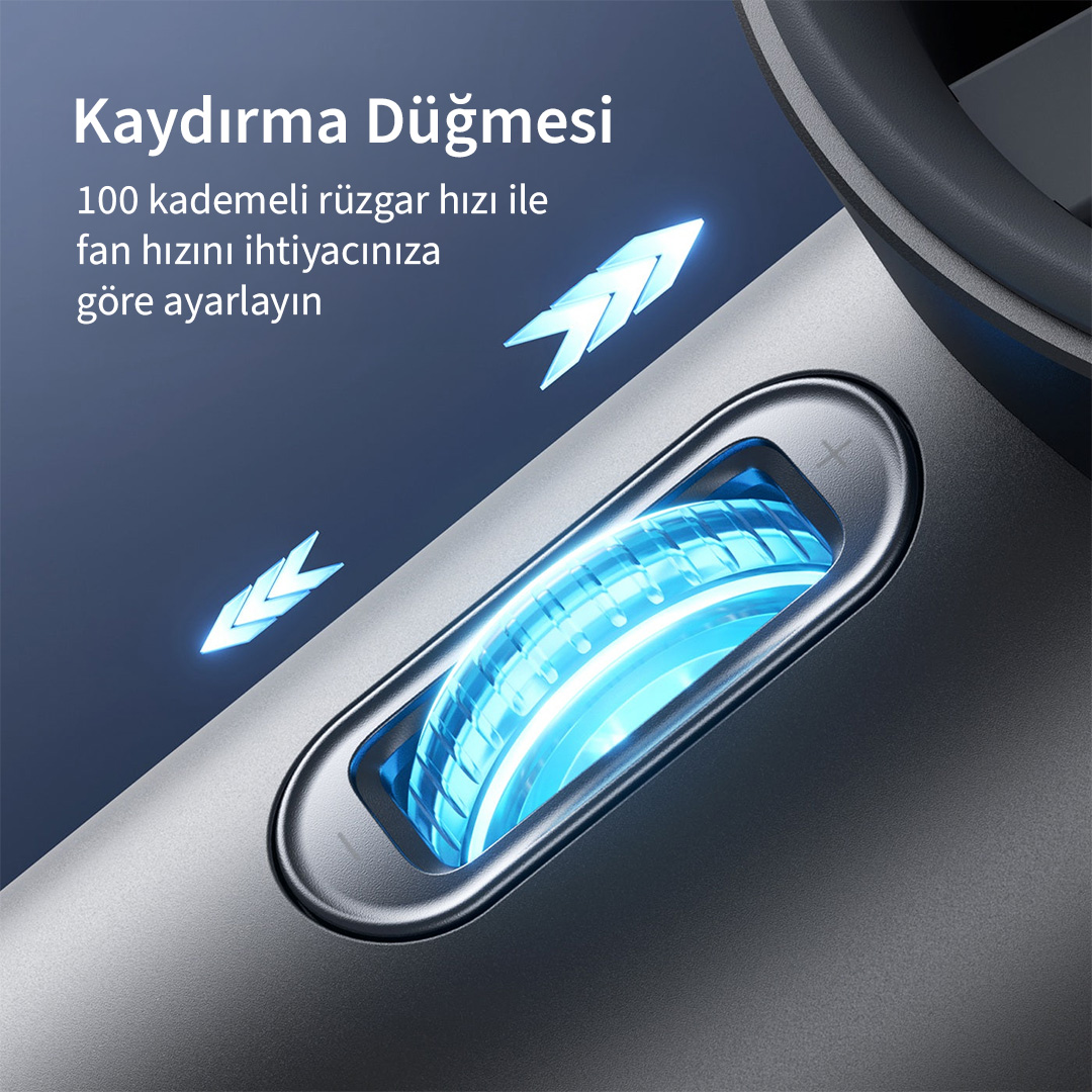 Gri kaydırıcı, mavi parlayan ekran ve oklar.