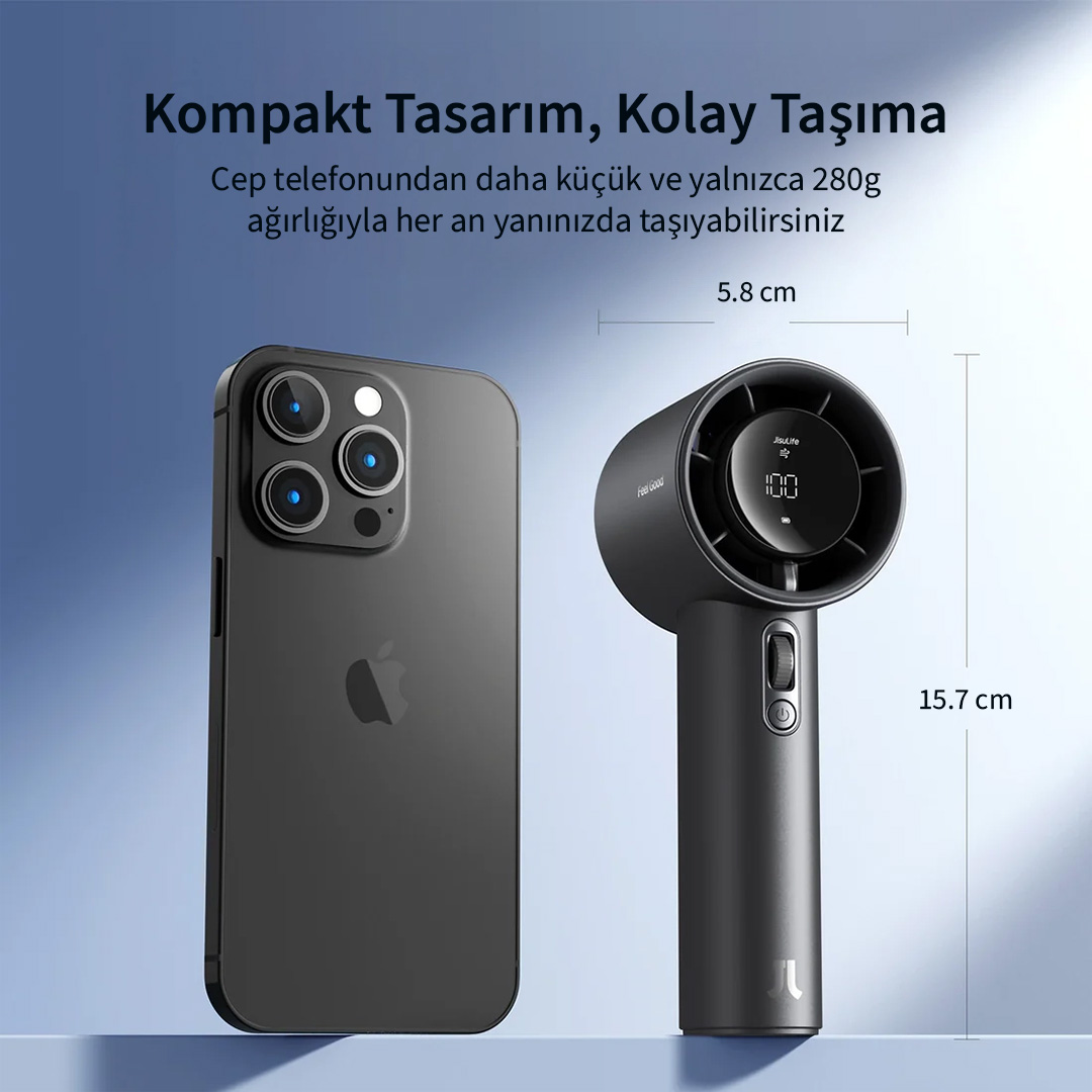 Ekranlı siyah bir el fanının yanında siyah bir akıllı telefon. Boyutlar 5,8x15,7 cm.