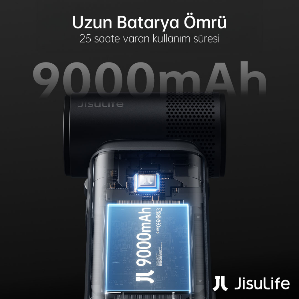 9000mAh batarya gösteren şeffaf kasalı siyah bir cihaz.