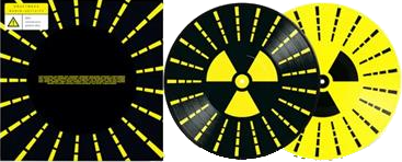 Black vinyl record with yellow rays and a yellow radiation symbol.