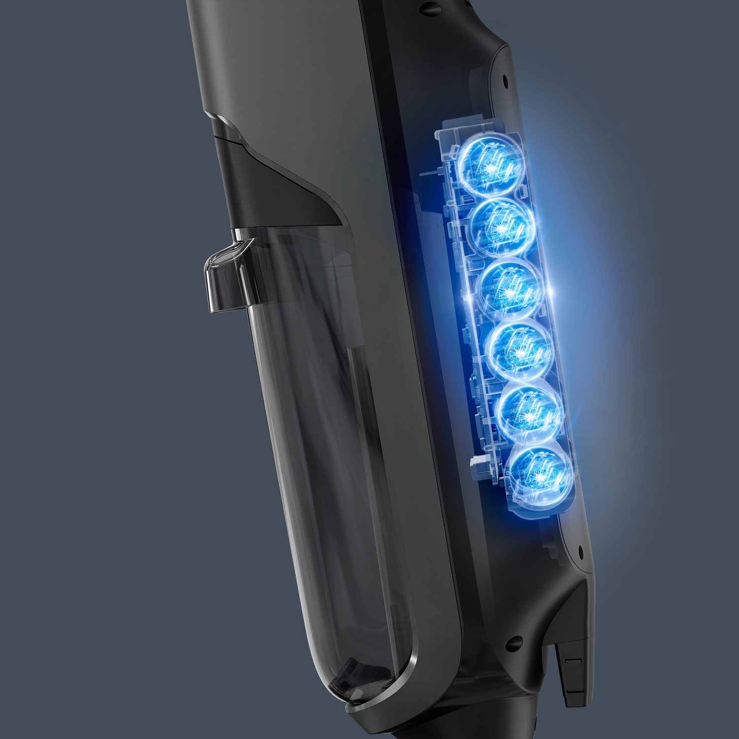 Contenitore polvere trasparente e celle batteria blu luminose.