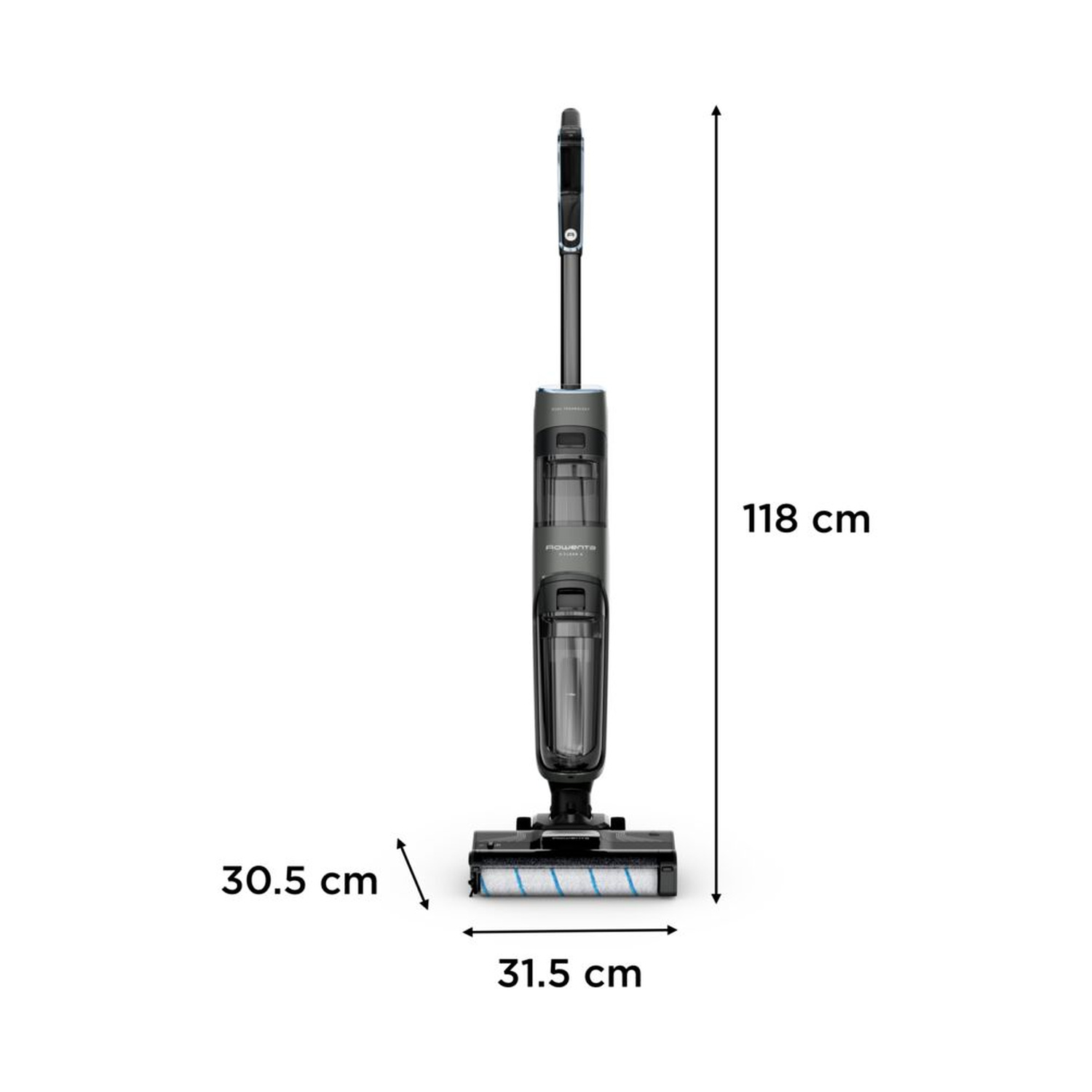 Un aspirapolvere bagnato/asciutto grigio alto 118 cm e largo 30,5 cm.