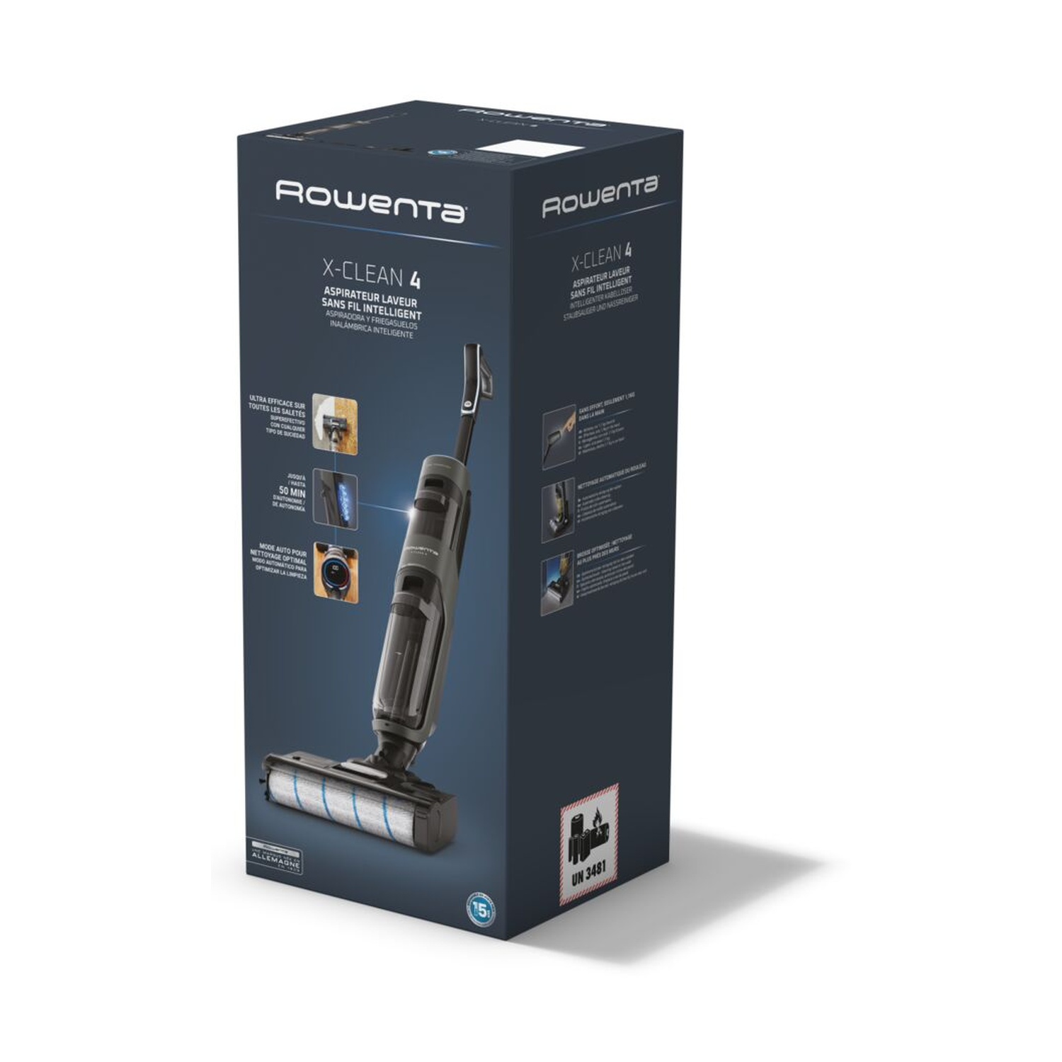 Scatola di un aspirapolvere Rowenta X-CLEAN 4 senza fili con accessori e dettagli.