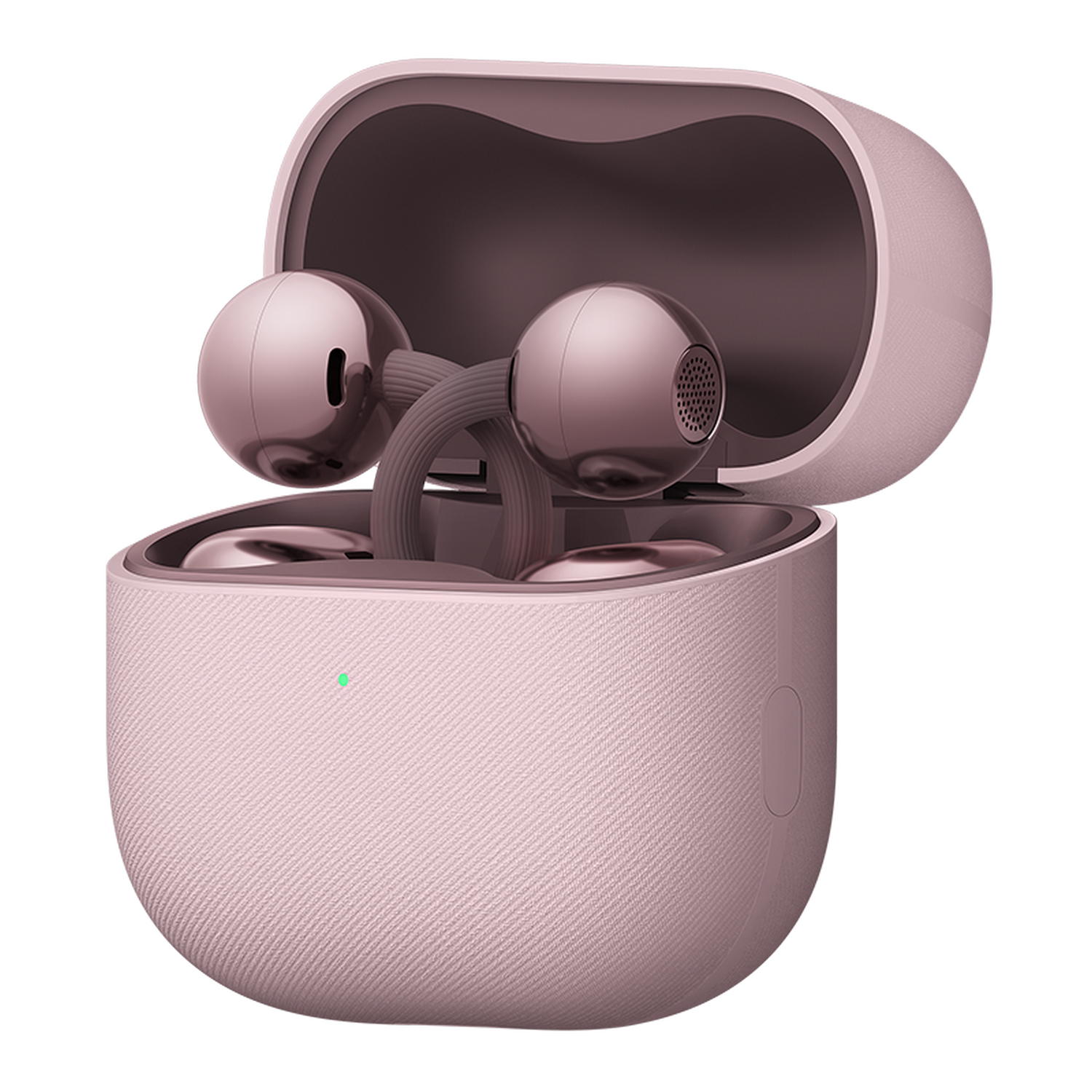 Auriculares y estuche de carga oro rosa, abiertos con auriculares dentro. Luz verde en el estuche.