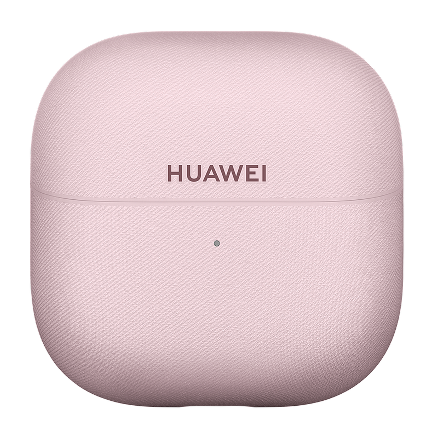 Un estuche rosa para auriculares Huawei con textura de tela y un círculo pequeño.