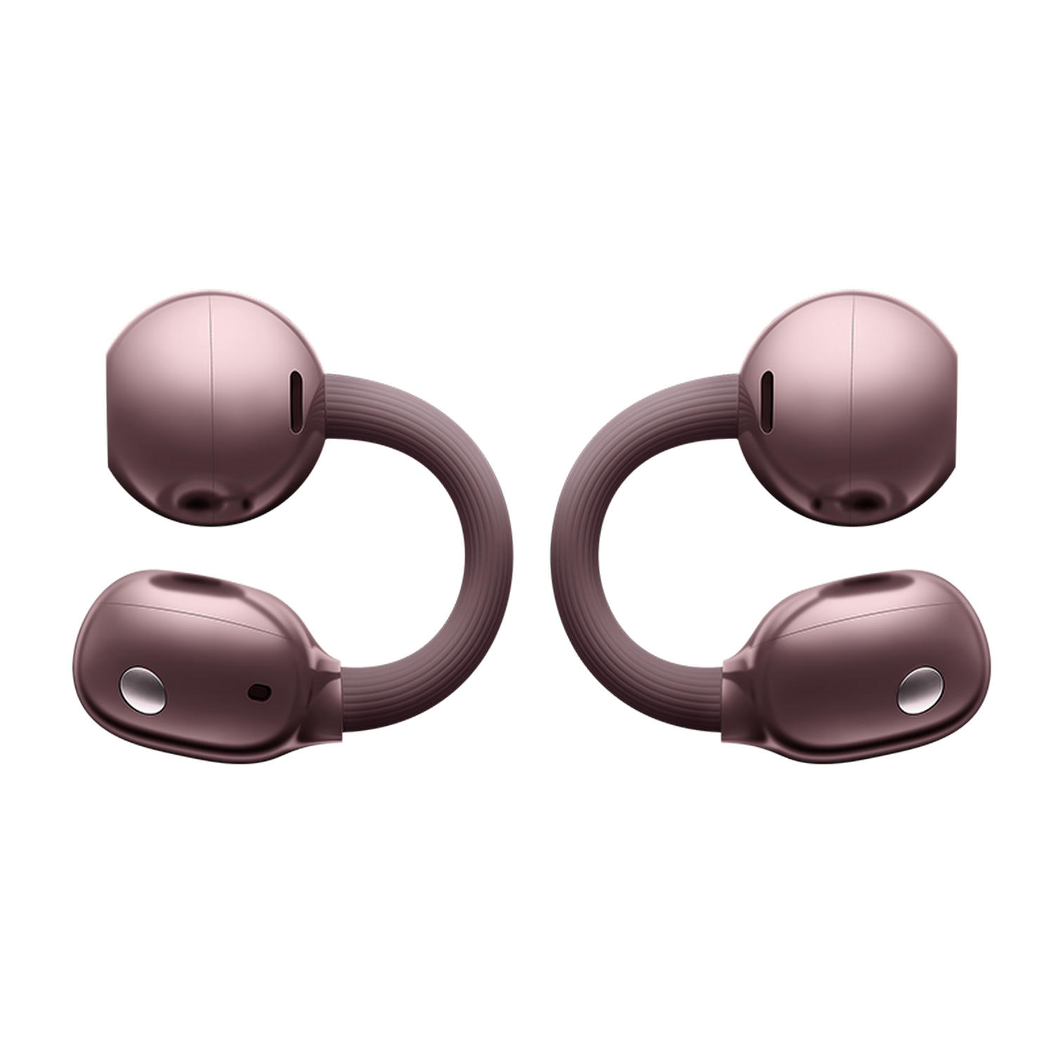 Dos auriculares rosa dorados unidos por una banda flexible, sobre fondo gris.