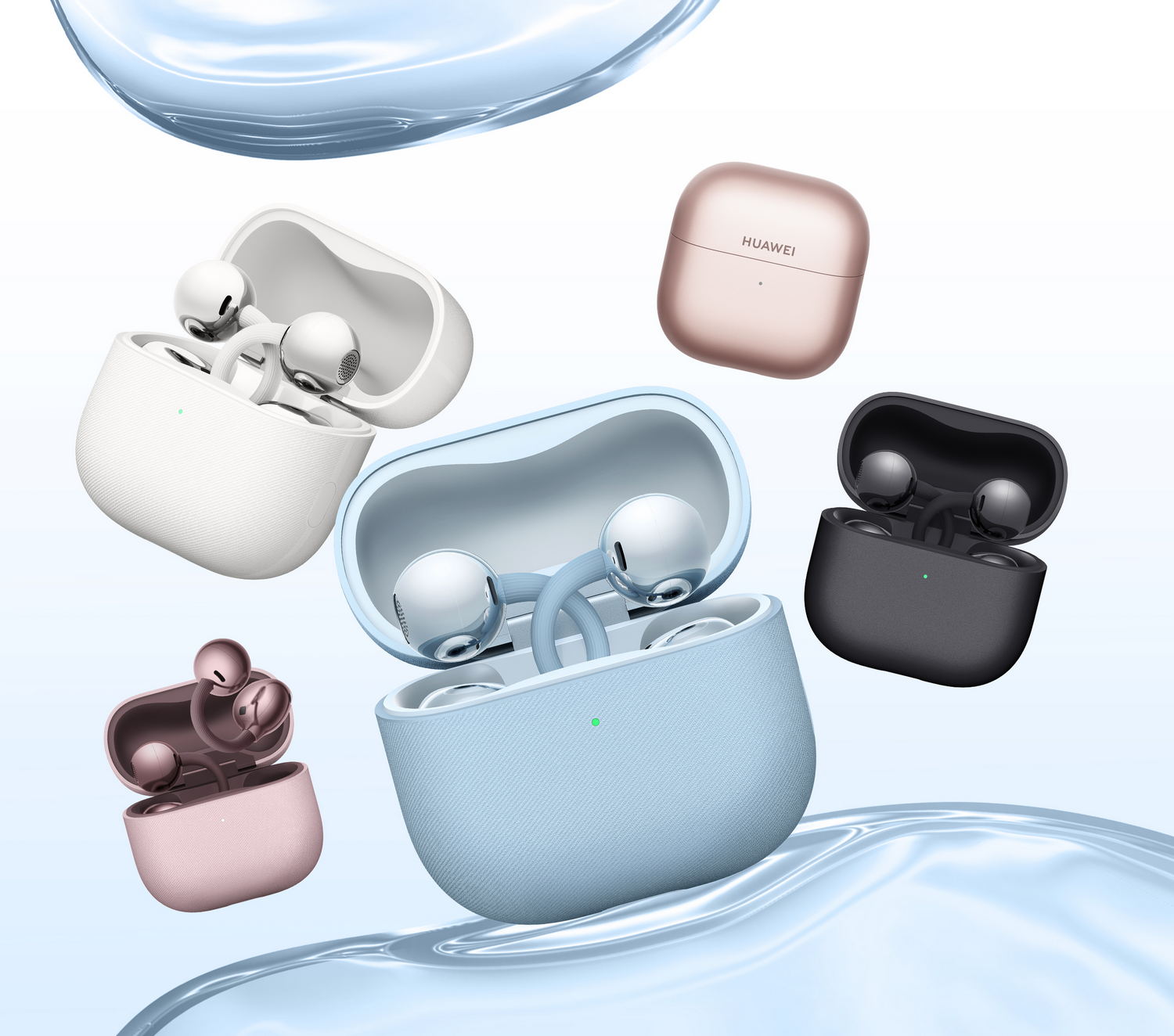 Cinco juegos de auriculares Huawei flotan en varios colores.