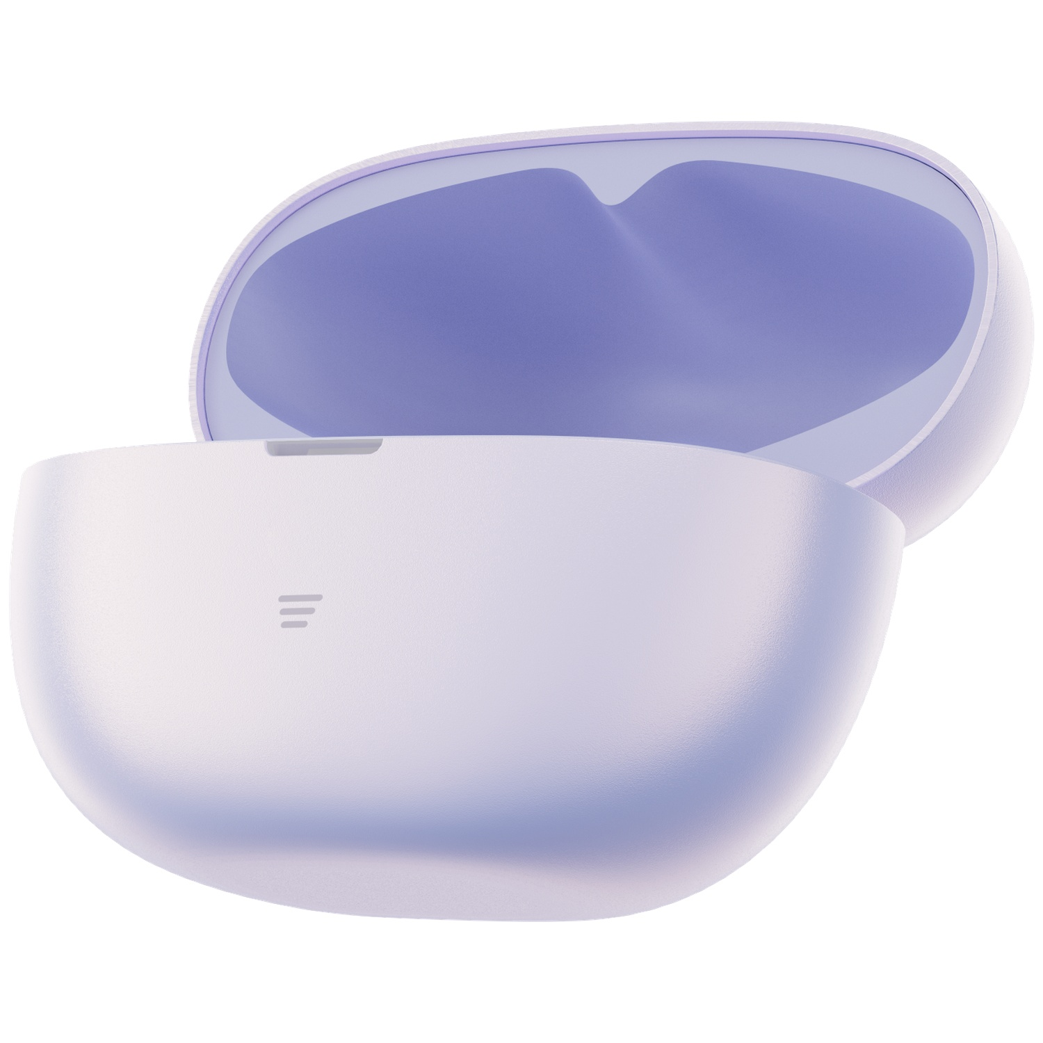 Een open, lavendelkleurige oplaadcase voor oordopjes met logo.