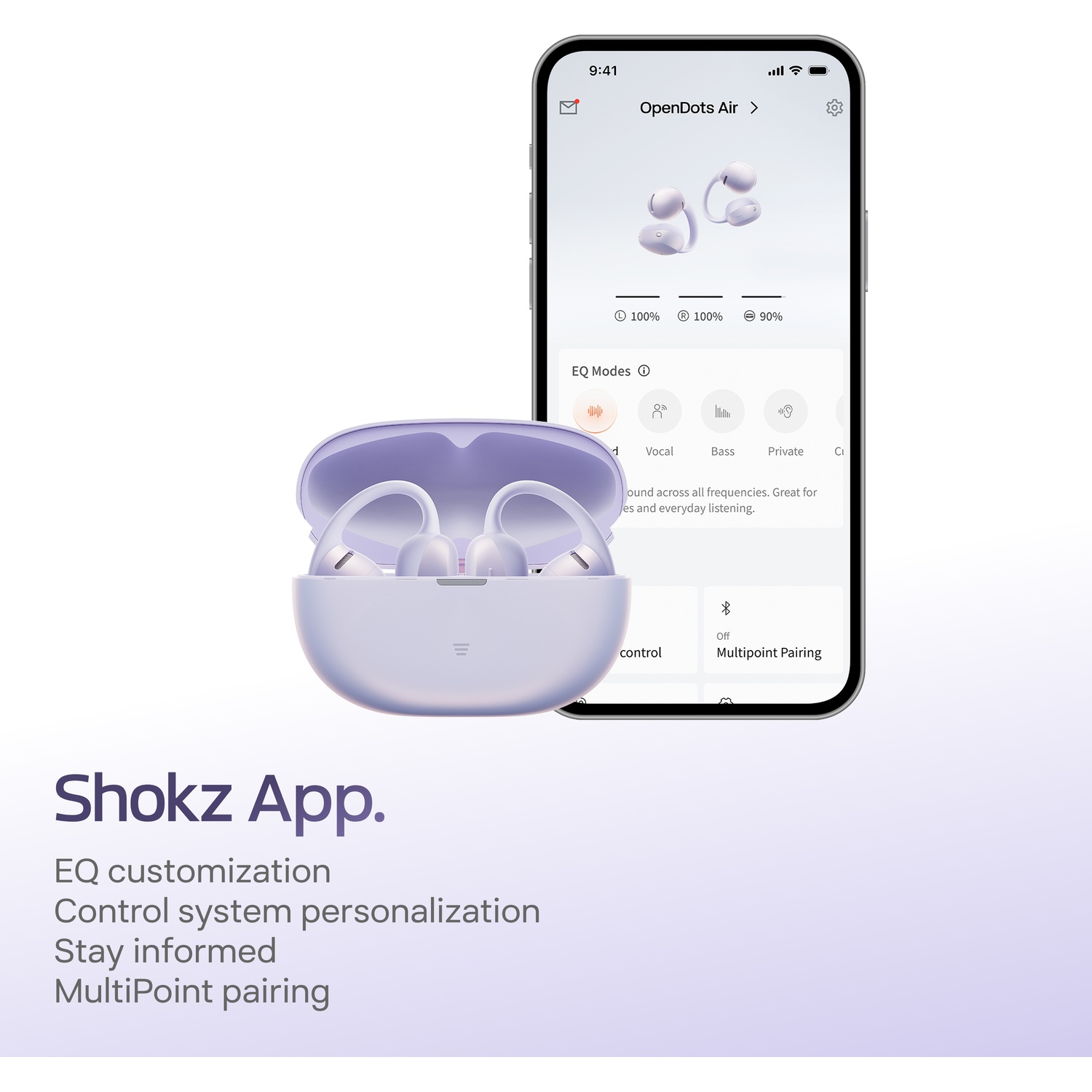 Paarse oordopjes in een open oplaadcase naast een smartphone met de Shokz-app erop.