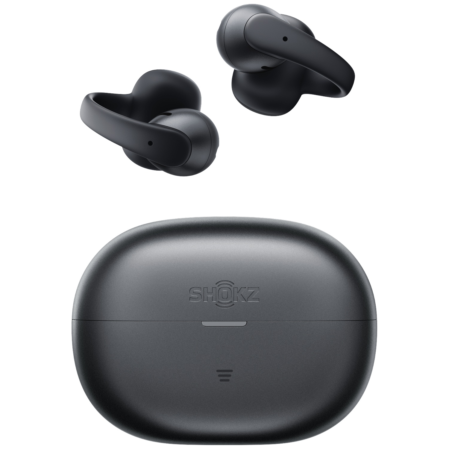 Zwarte draadloze oordopjes en oplaadcase met Shokz-logo.