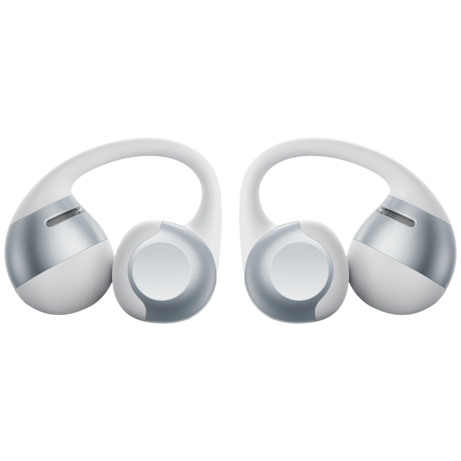 Twee wit met zilveren over-ear koptelefoons met oorhaken, van voren.