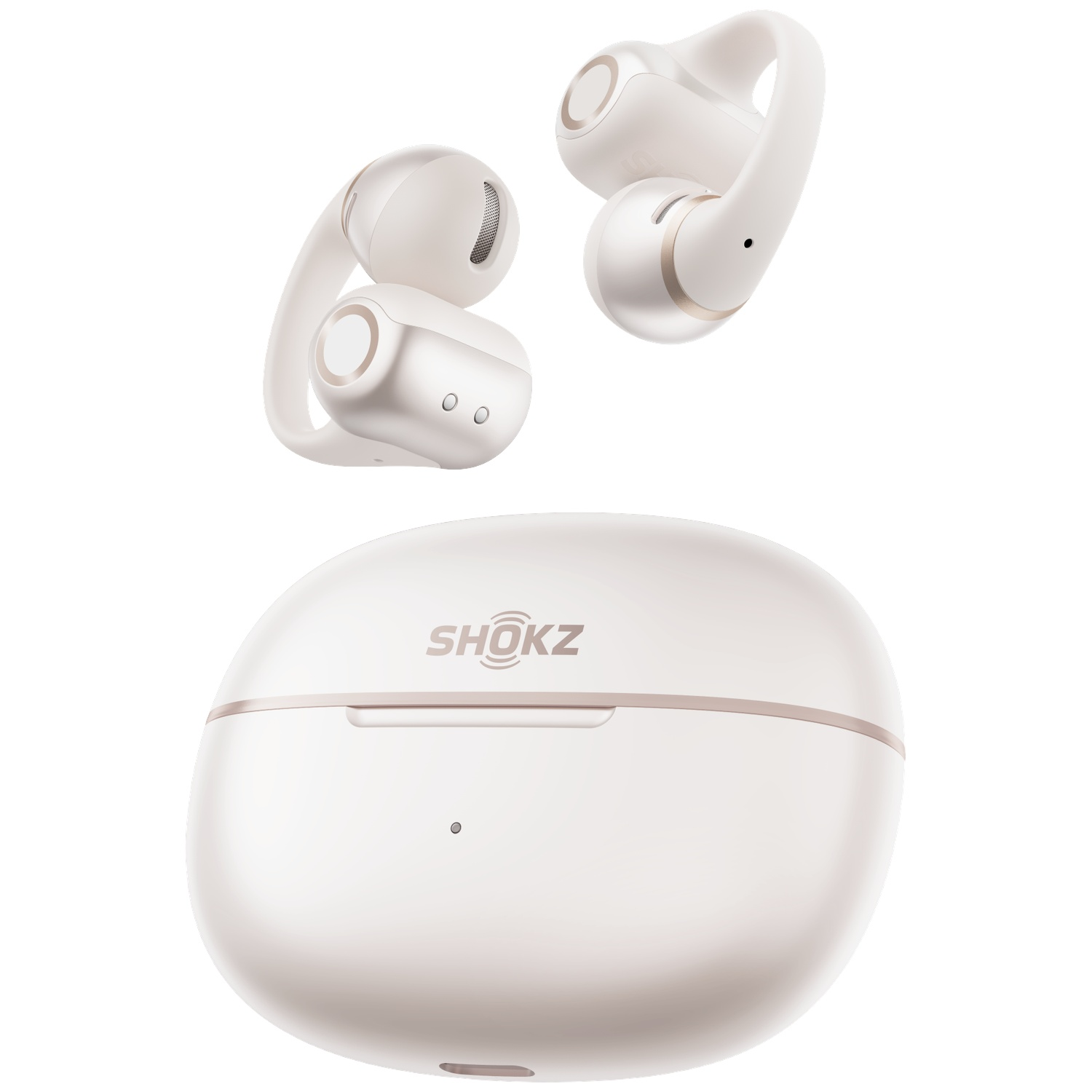 Witte draadloze oordopjes met oplaadcase, Shokz logo.