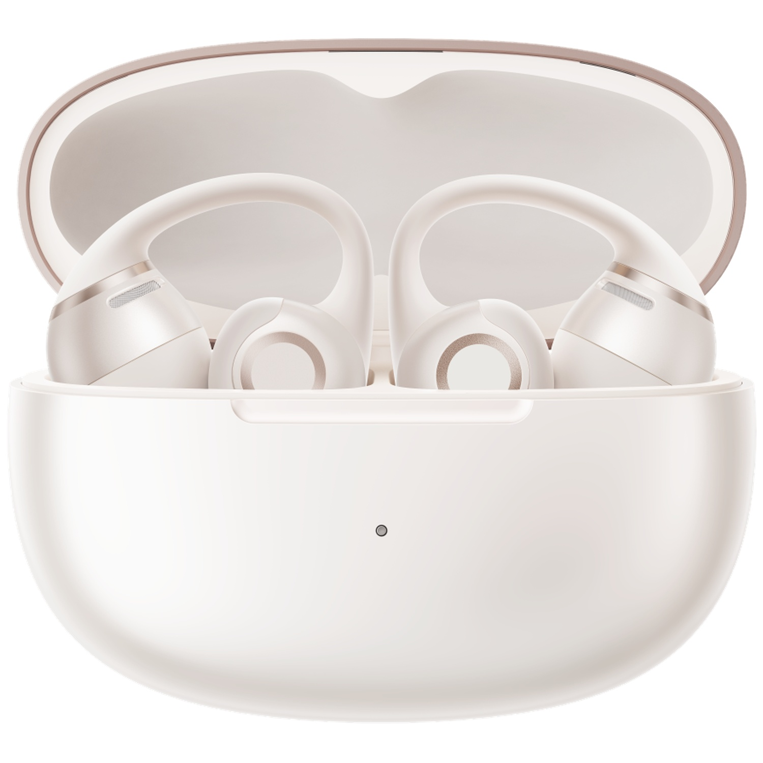 Witte draadloze oordopjes met gouden accenten in een open witte oplaadcase.