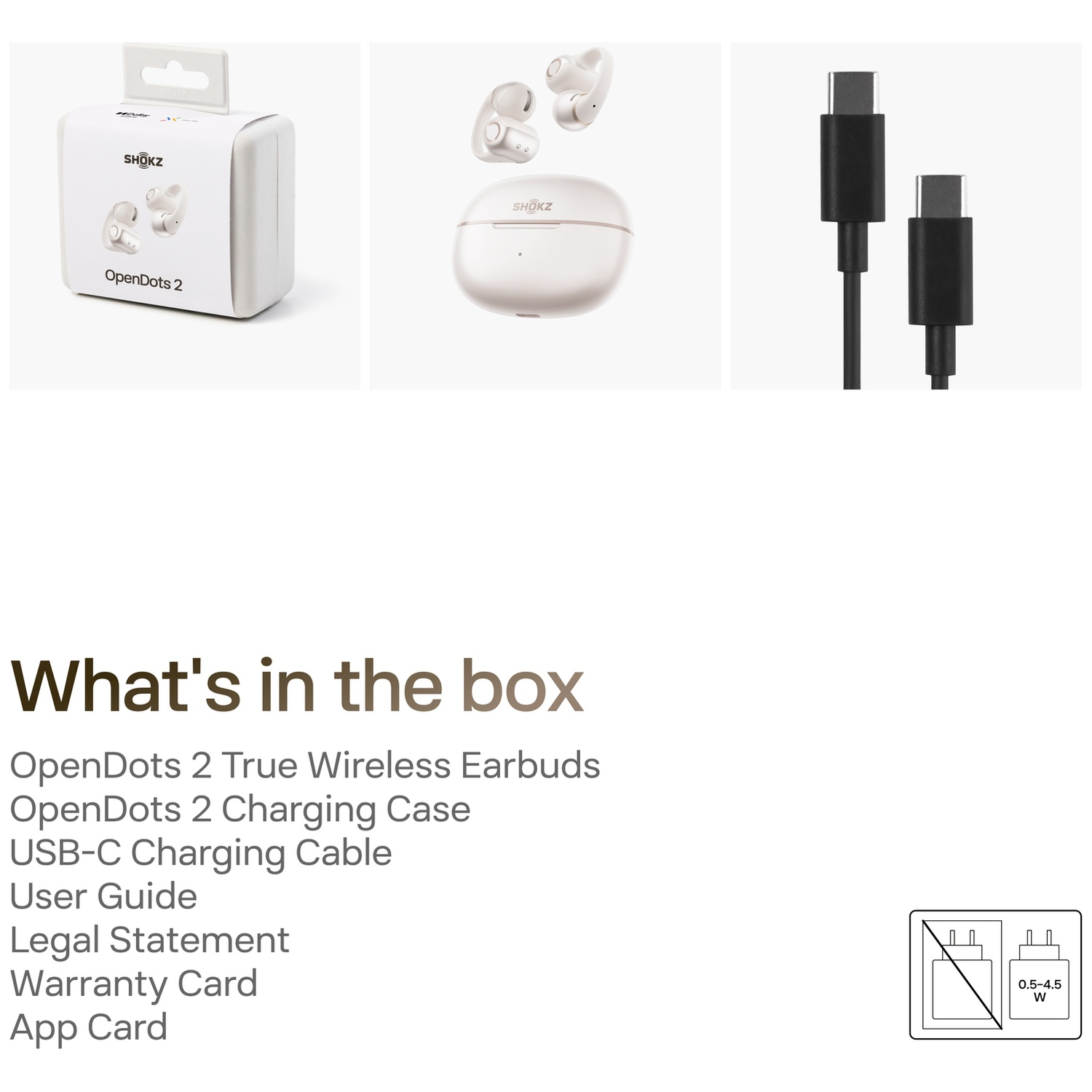 Doos met oordopjes, oplaadcase en USB-C-kabel. Inhoudsopgave.