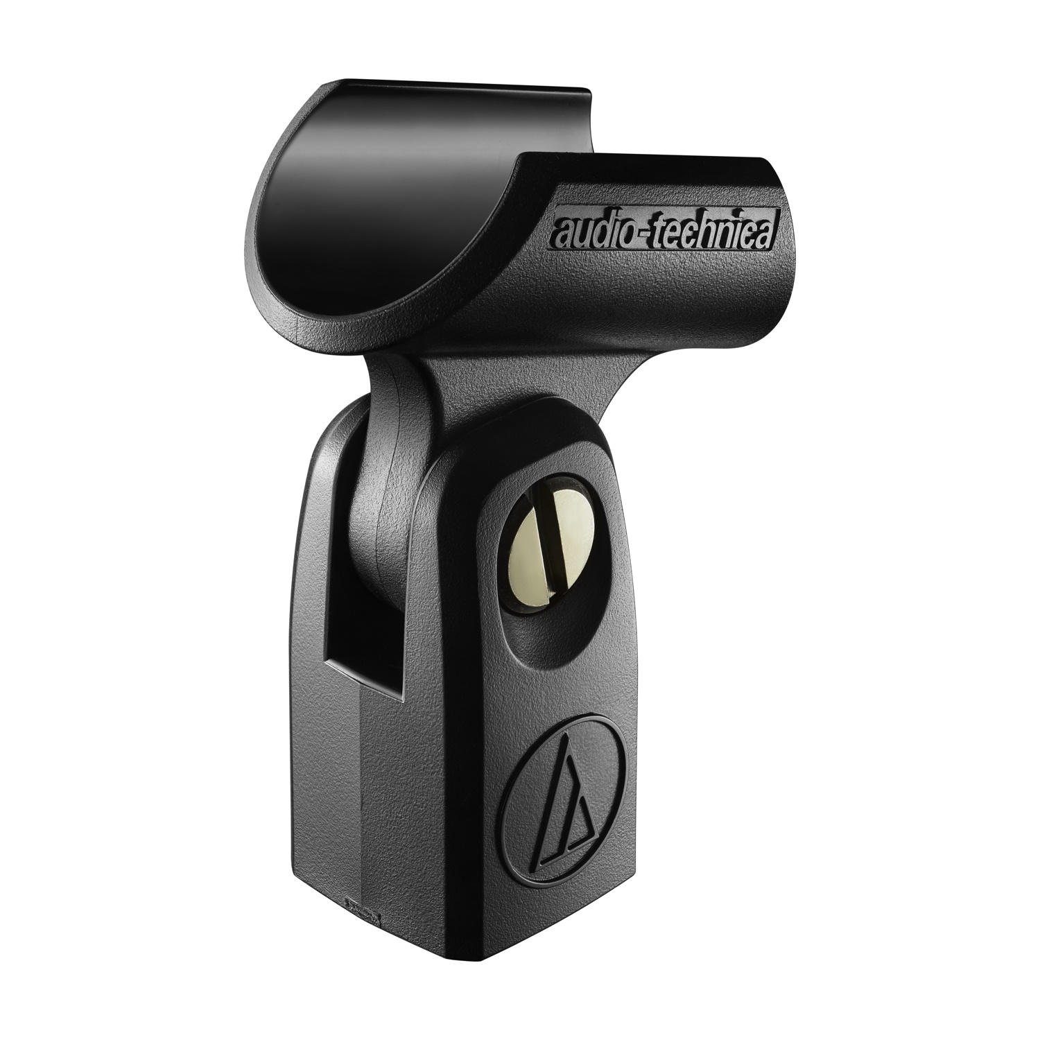 Supporto microfono nero con logo Audio-Technica. Meccanismo a perno regolabile.