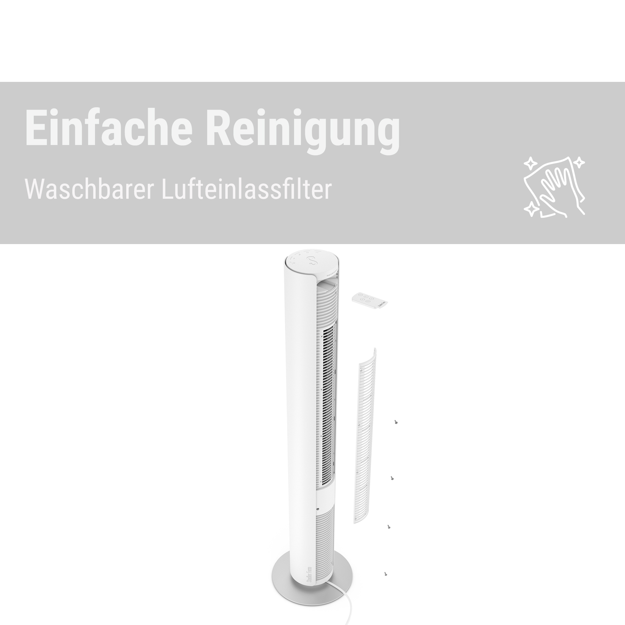 Ein weißer Turmventilator mit abnehmbarer Filterabdeckung und Fernbedienung.