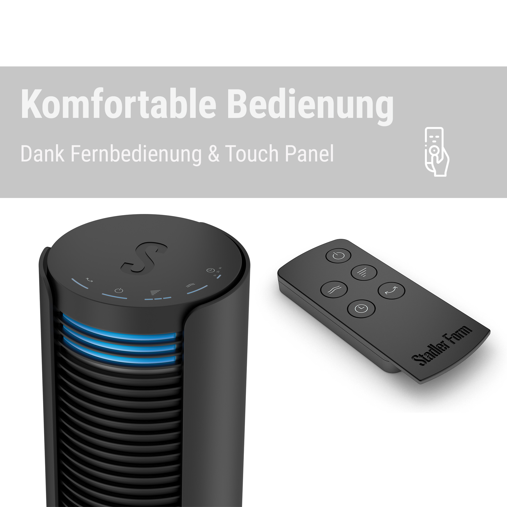 Schwarzer Turmlüfter mit Touchpanel und Fernbedienung. Blauer Lichtstreifen.