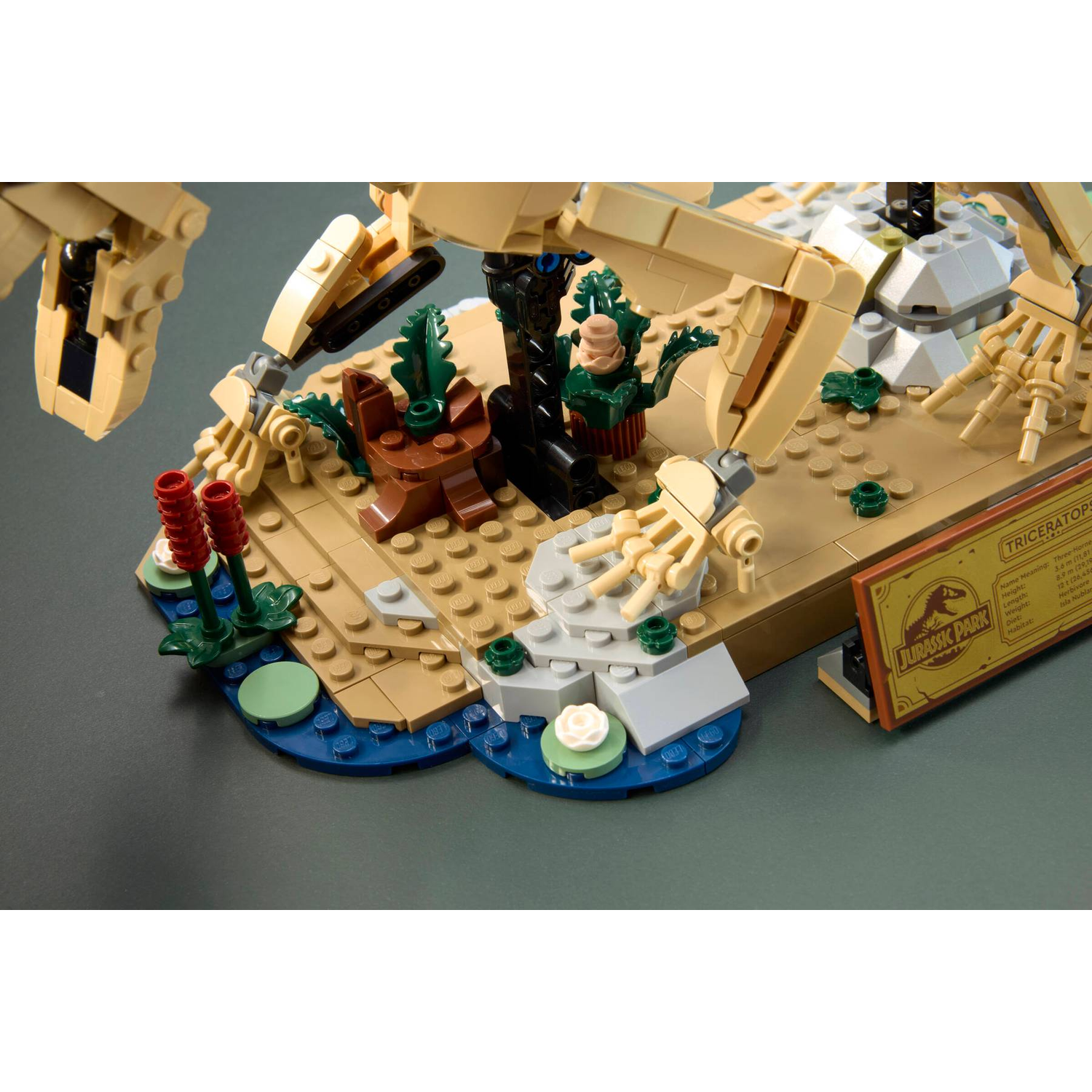 LEGO-model van een dinoskelet met planten en een Jurassic Park-bord.