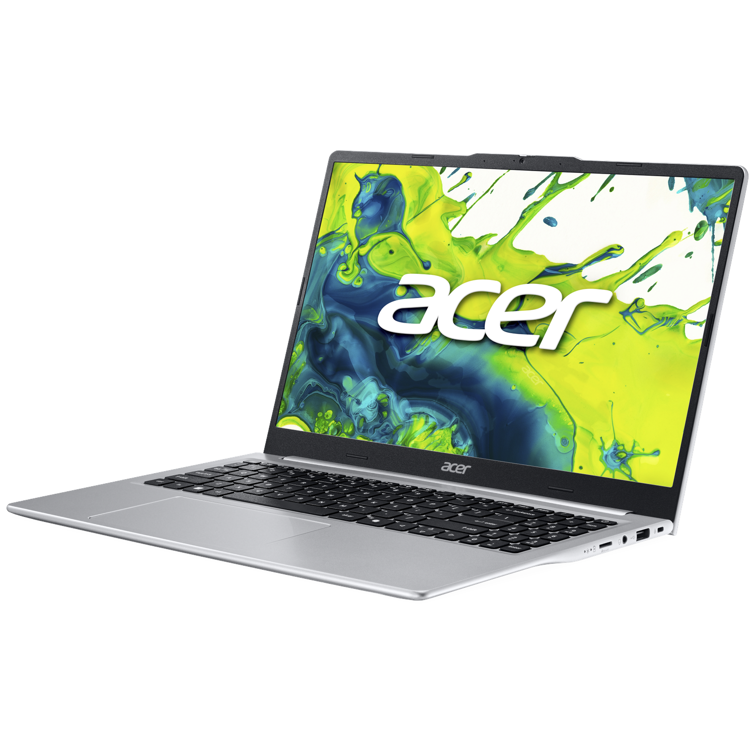 A silver Acer laptop displaying a colorful wallpaper with abstract paint splashes.