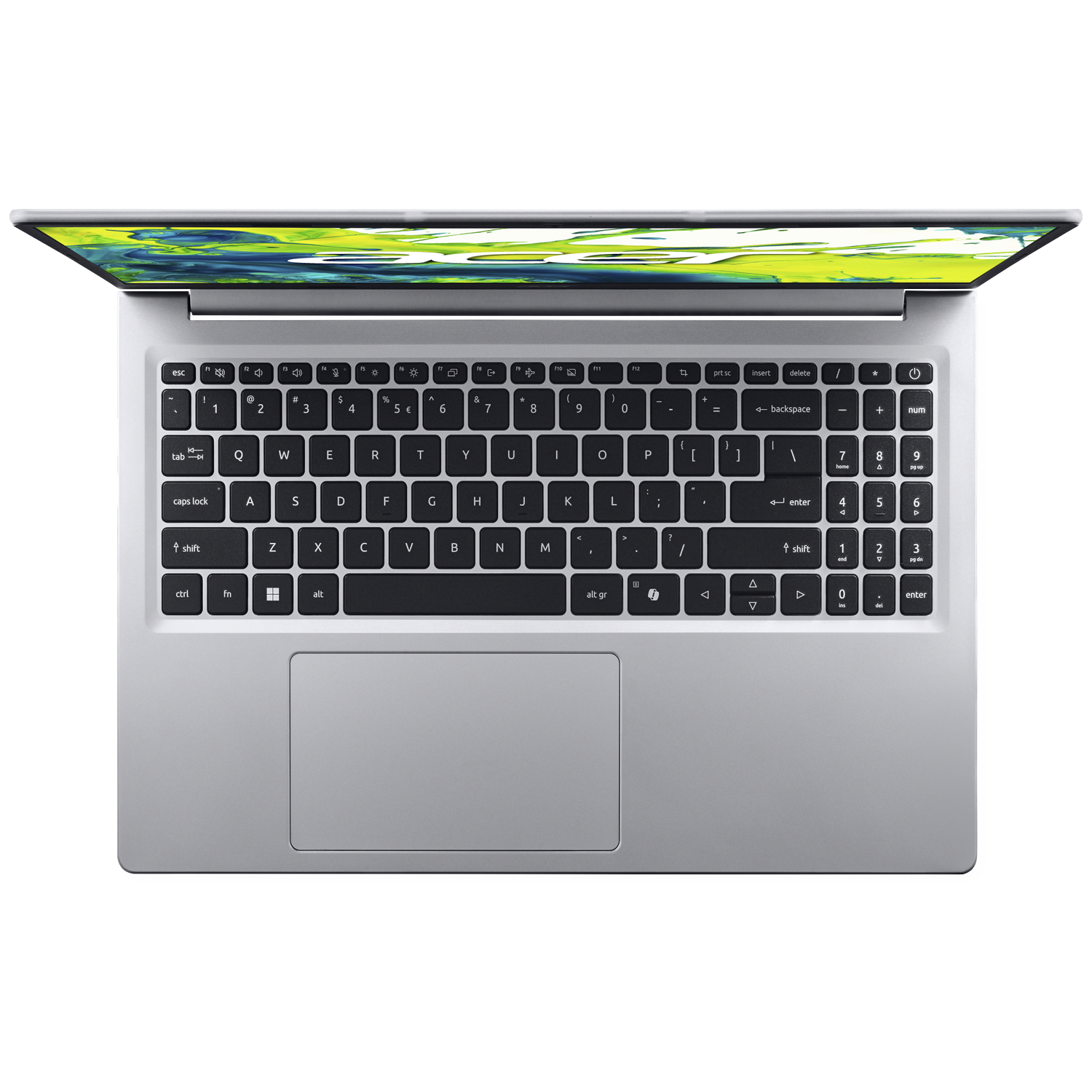 Silver laptop open, showing keyboard and screen with abstract green and blue design.
