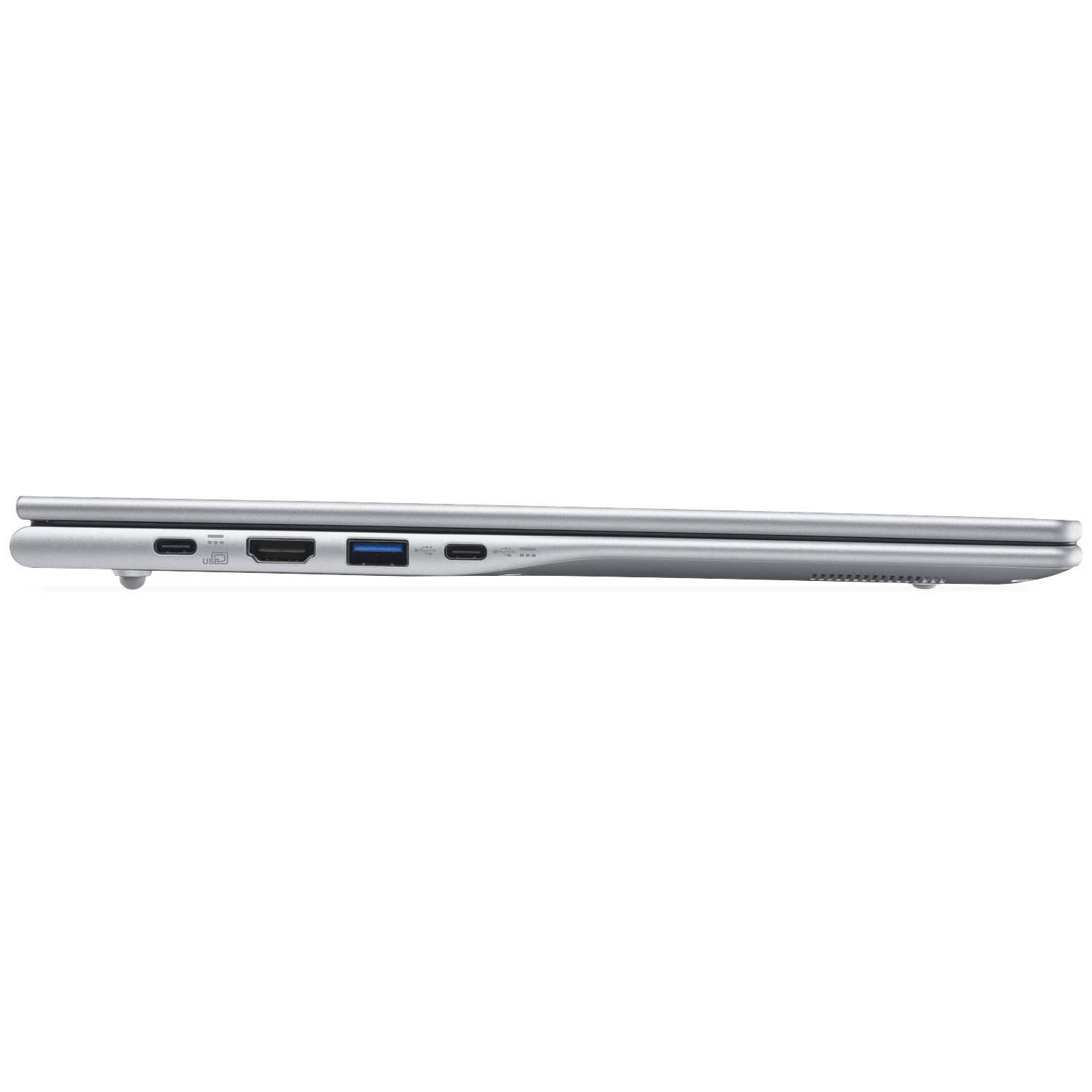 Silver laptop with USB-C, HDMI, and USB-A ports, viewed from the side.