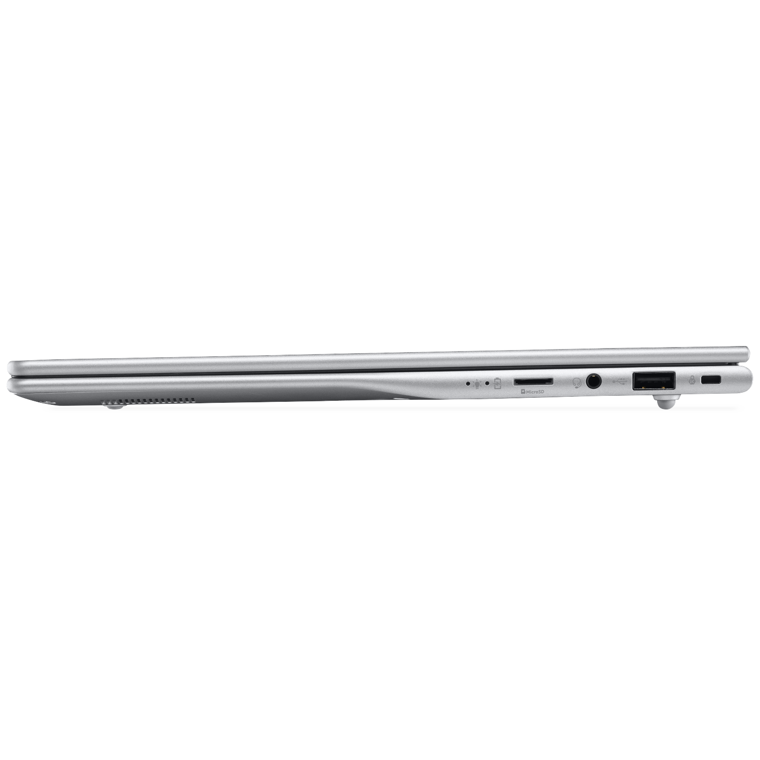 Silver laptop side view showing ports: MicroSD, headphone, USB, power button.