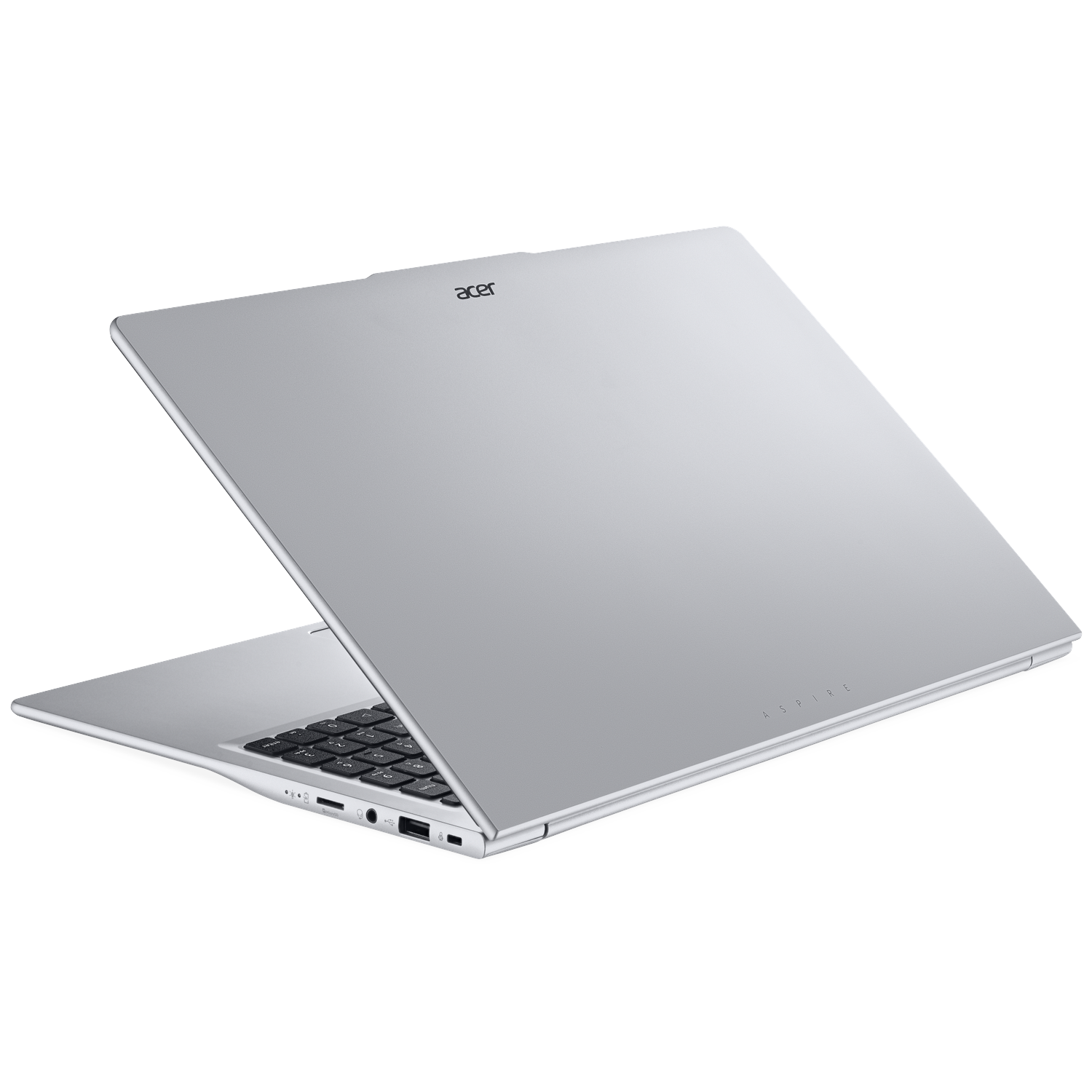 A silver Acer Aspire laptop, open, showing the keyboard and ports.
