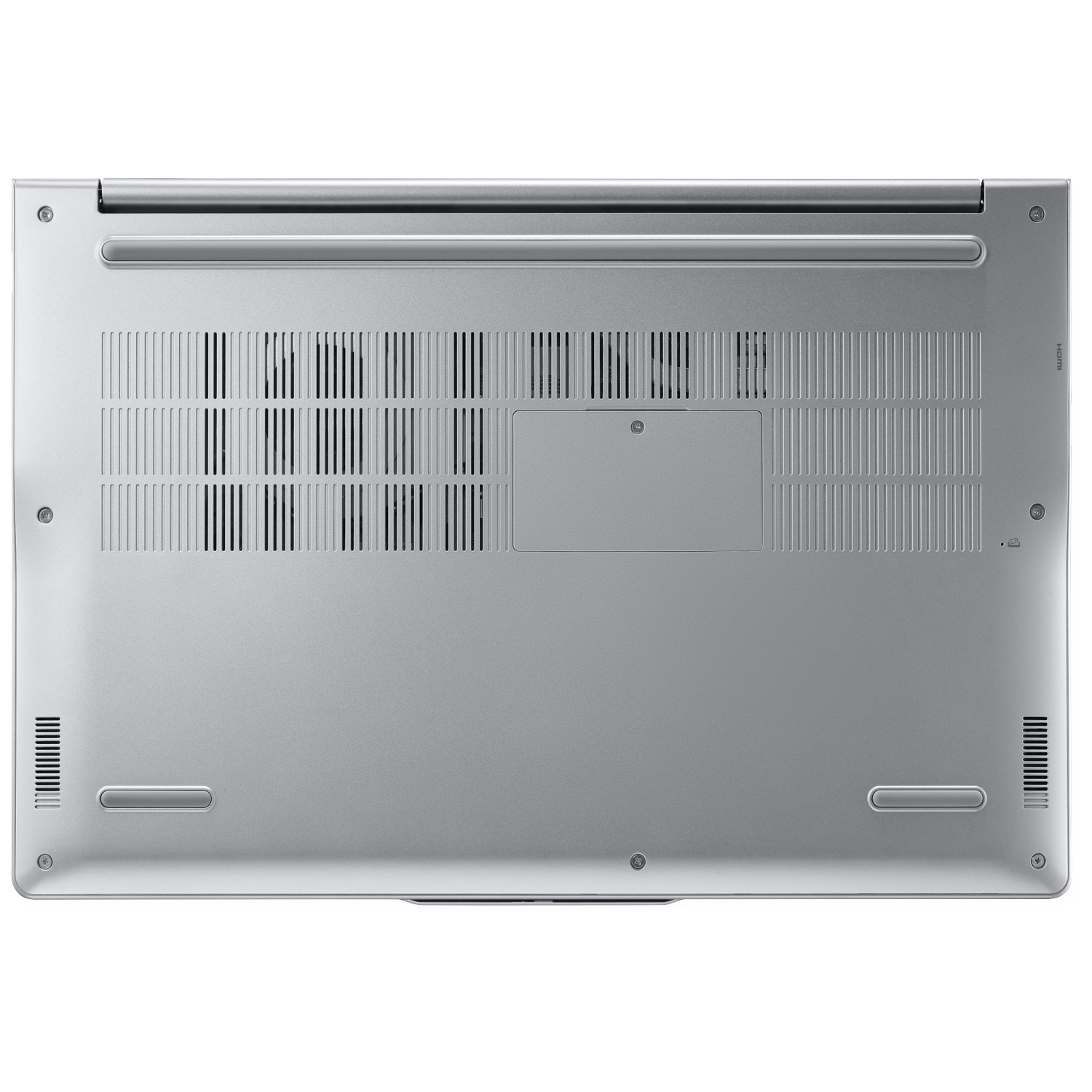 Underside of a silver laptop showing vents and rubber feet.