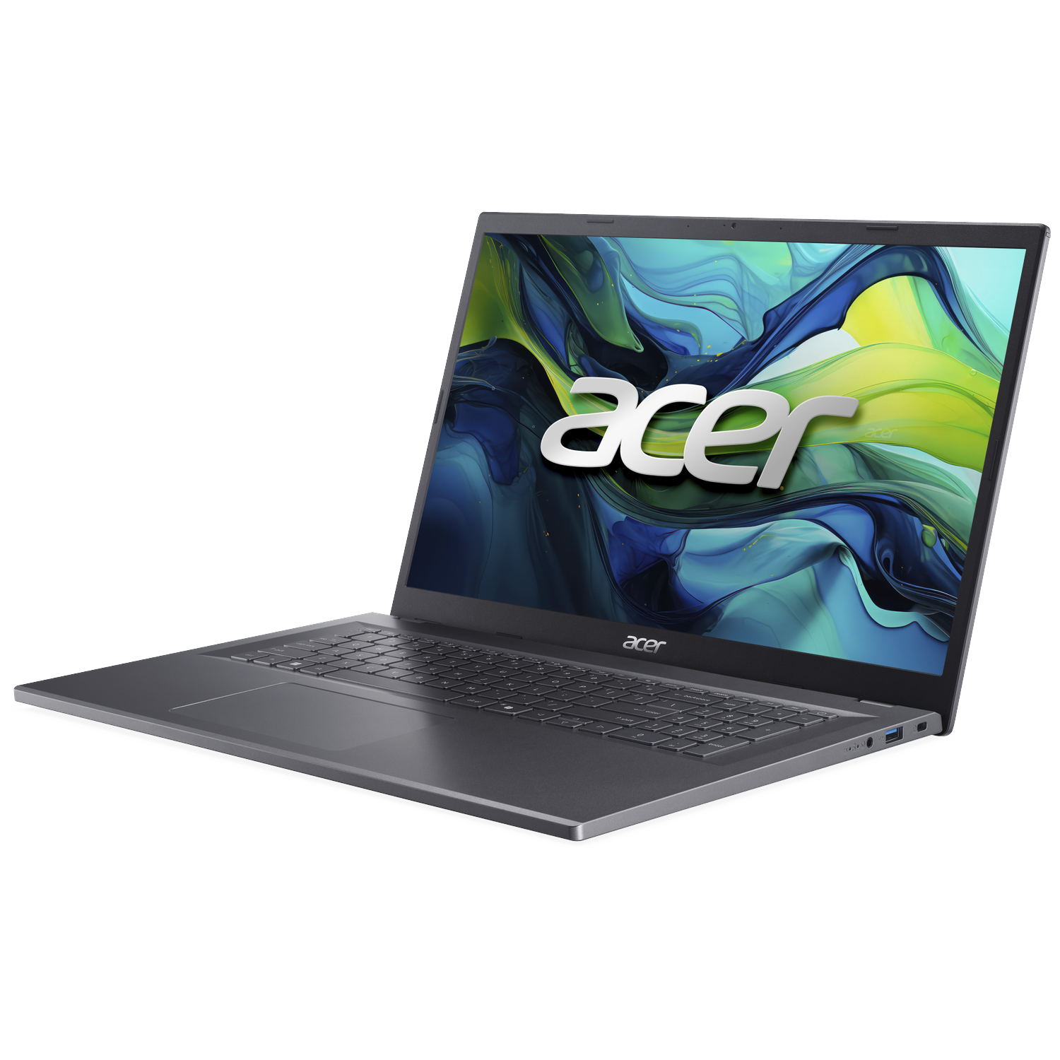 A gray Acer laptop displaying a colorful wallpaper. The Acer logo is on the screen.