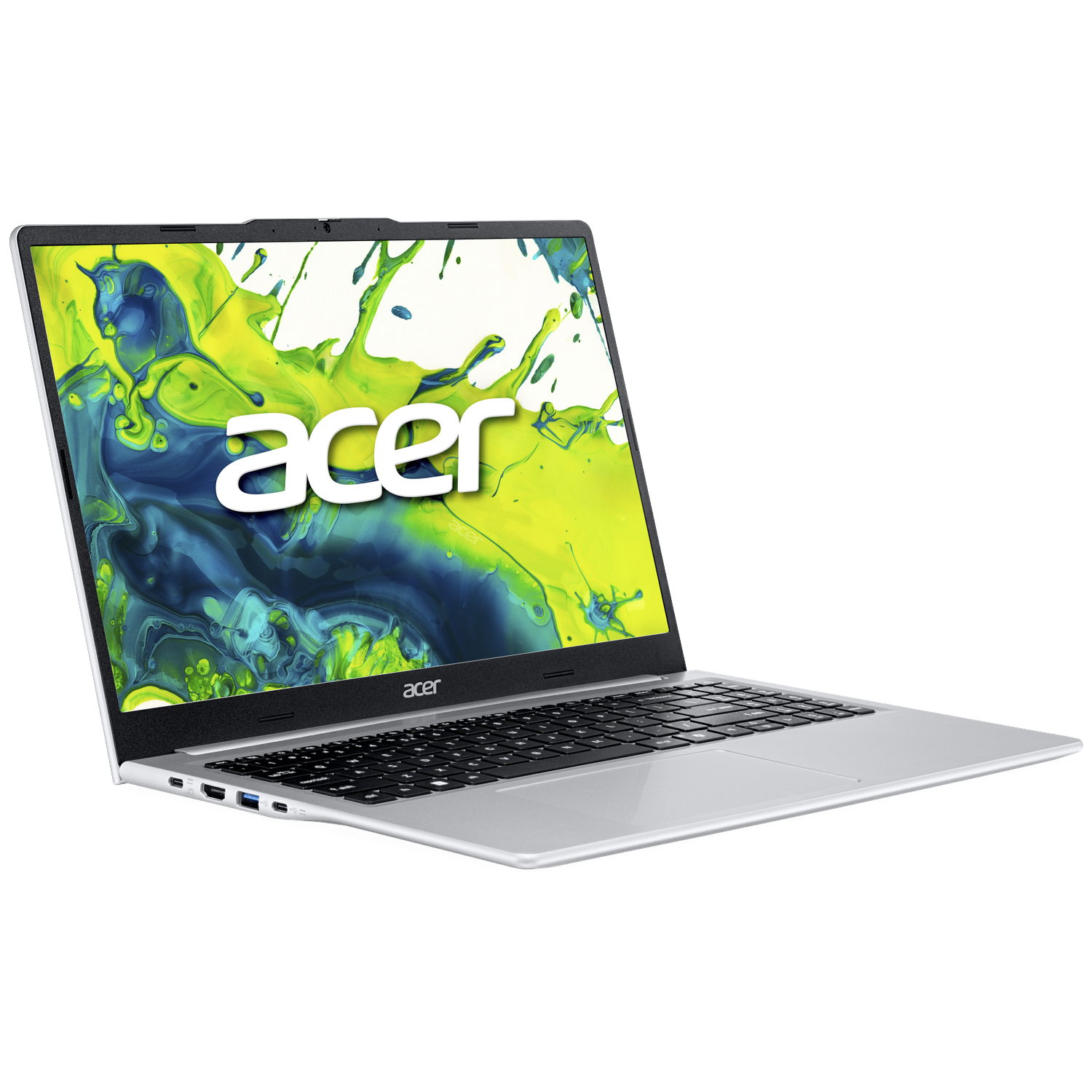 A silver Acer laptop displaying a colorful abstract wallpaper on its screen.