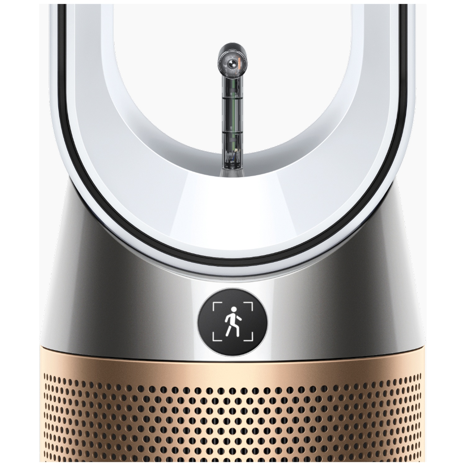 Un ventilateur moderne avec boucle blanche, corps argenté et base en cuivre perforée.