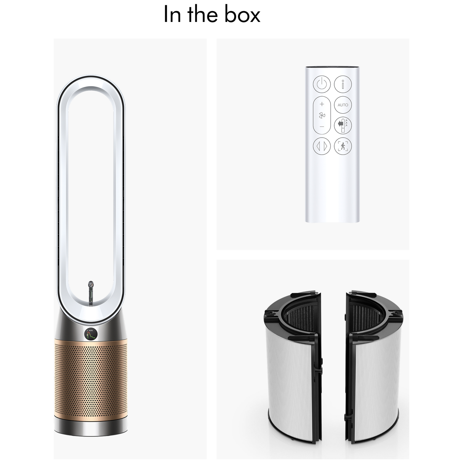 Dyson air purifier, remote, and two filters on a white background.