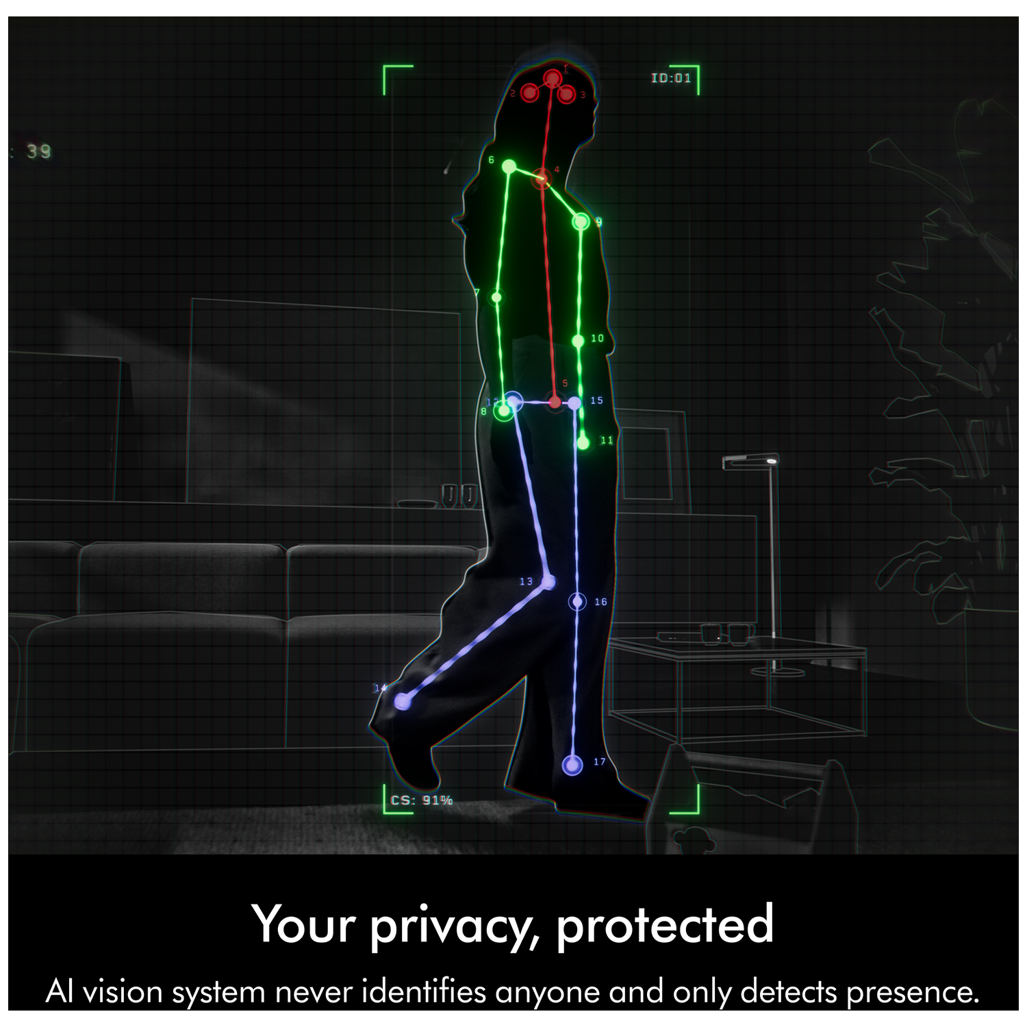 A person is visualized by AI-powered limb tracking points in a dark room.