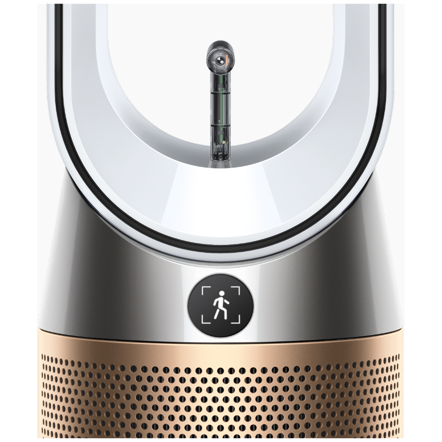 A silver fan with a white ring and copper base. A person icon is visible.