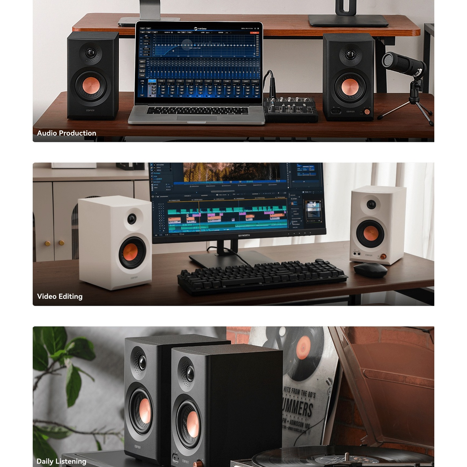 Due altoparlanti neri su una scrivania di legno accanto a un laptop che mostra software audio.