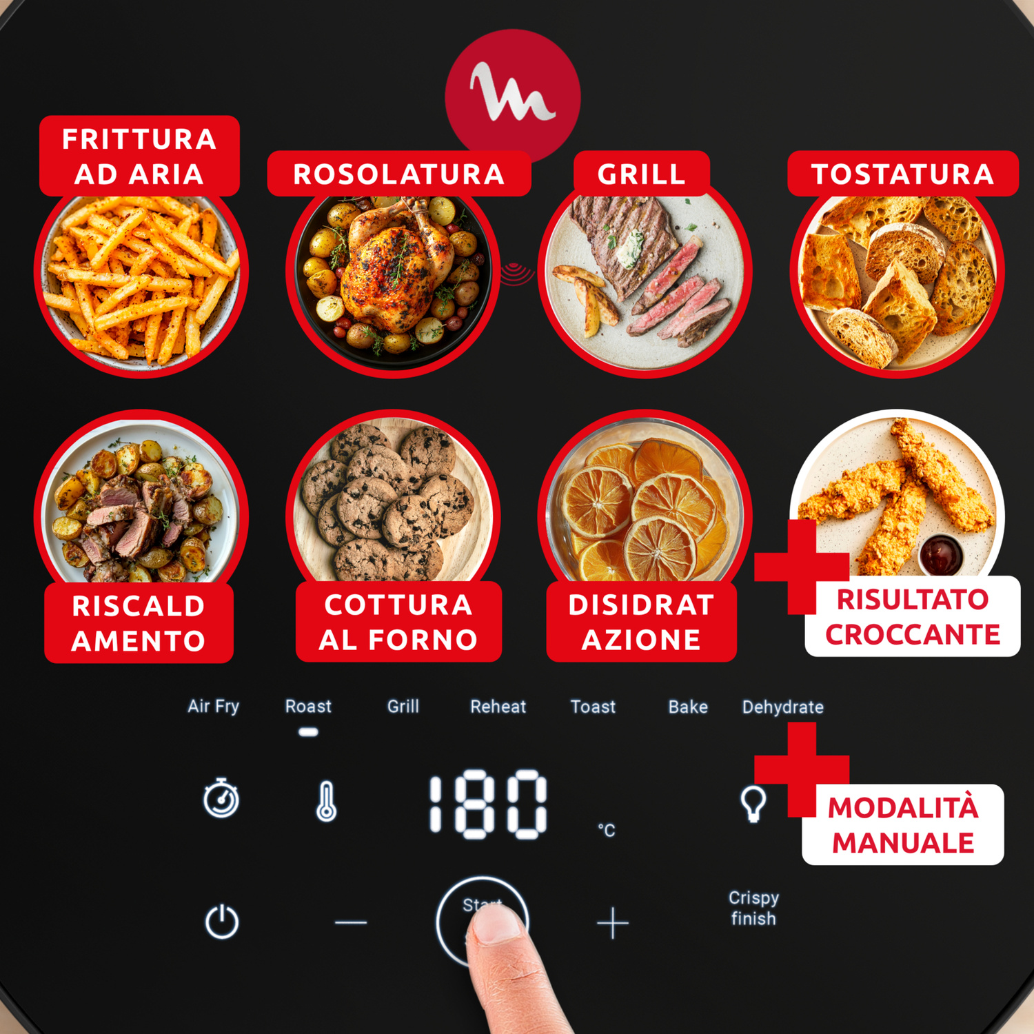Friggitrice ad aria con opzioni di cottura: friggitrice ad aria, arrosto, griglia, toast, riscalda, cuoci, disidrata.