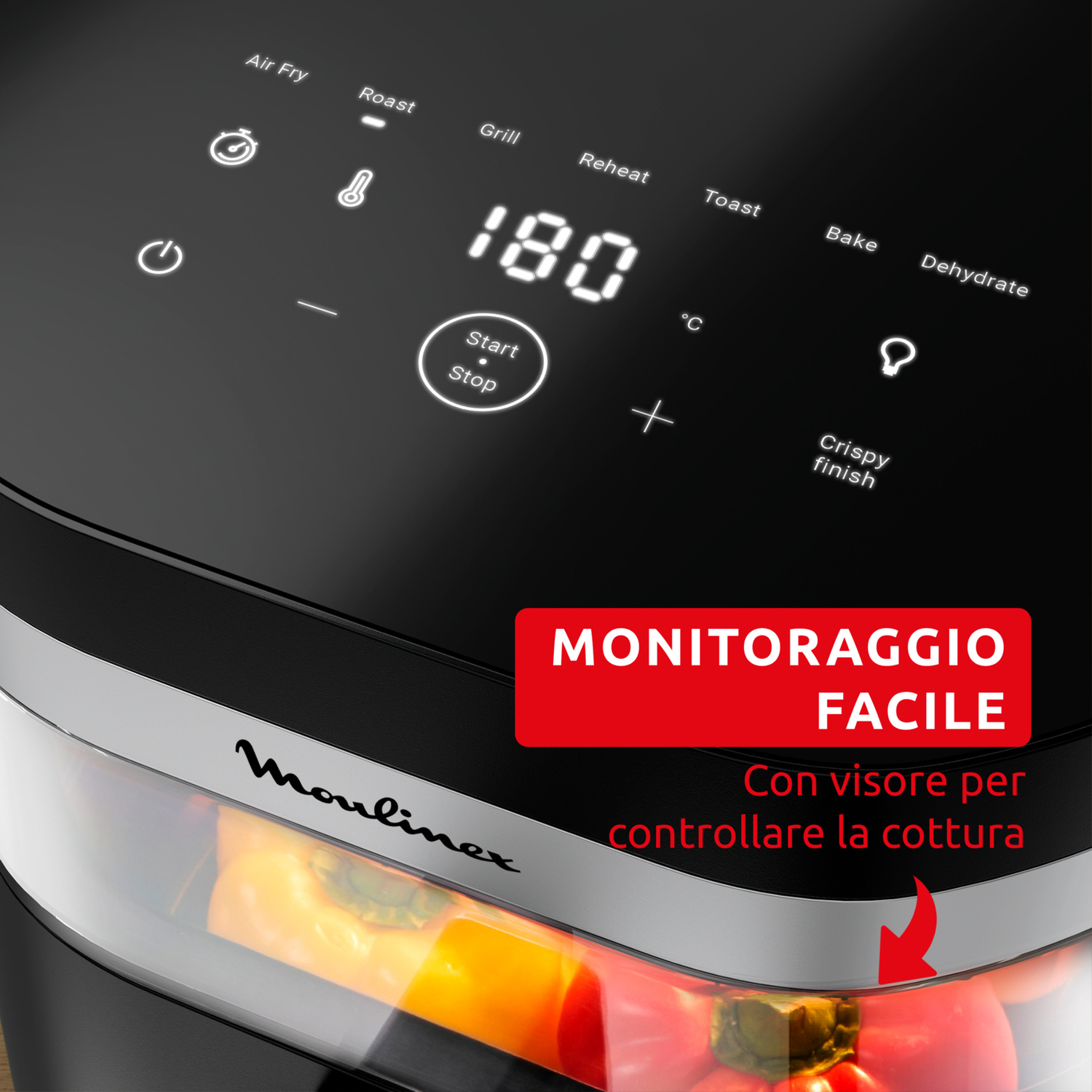 Display digitale pannello controllo friggitrice ad aria Moulinex nera, 180°C.