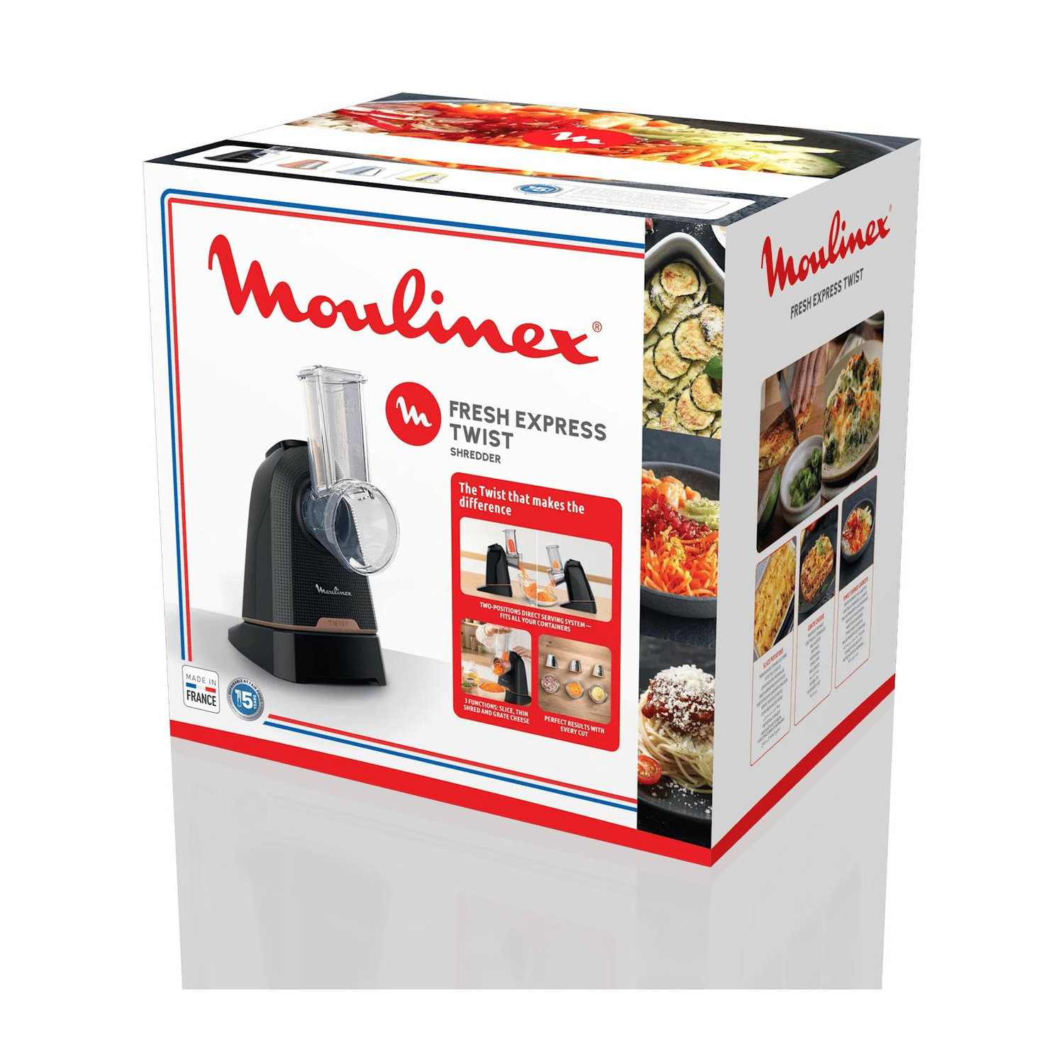 Scatola di un tritatutto Moulinex Fresh Express Twist con immagini del prodotto e cibo.