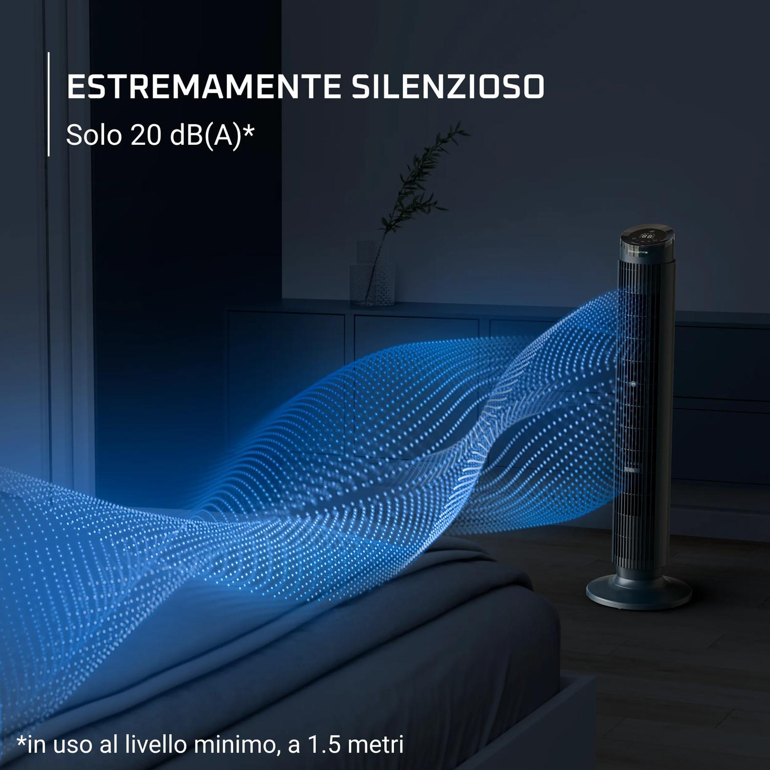 Un ventilatore a torre genera un'onda blu di flusso d'aria su un letto.