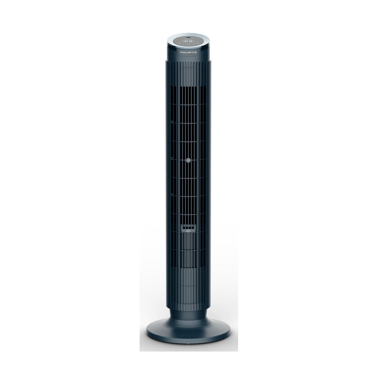 Un'elegante ventola a torre blu scuro poggia su una base rotonda.