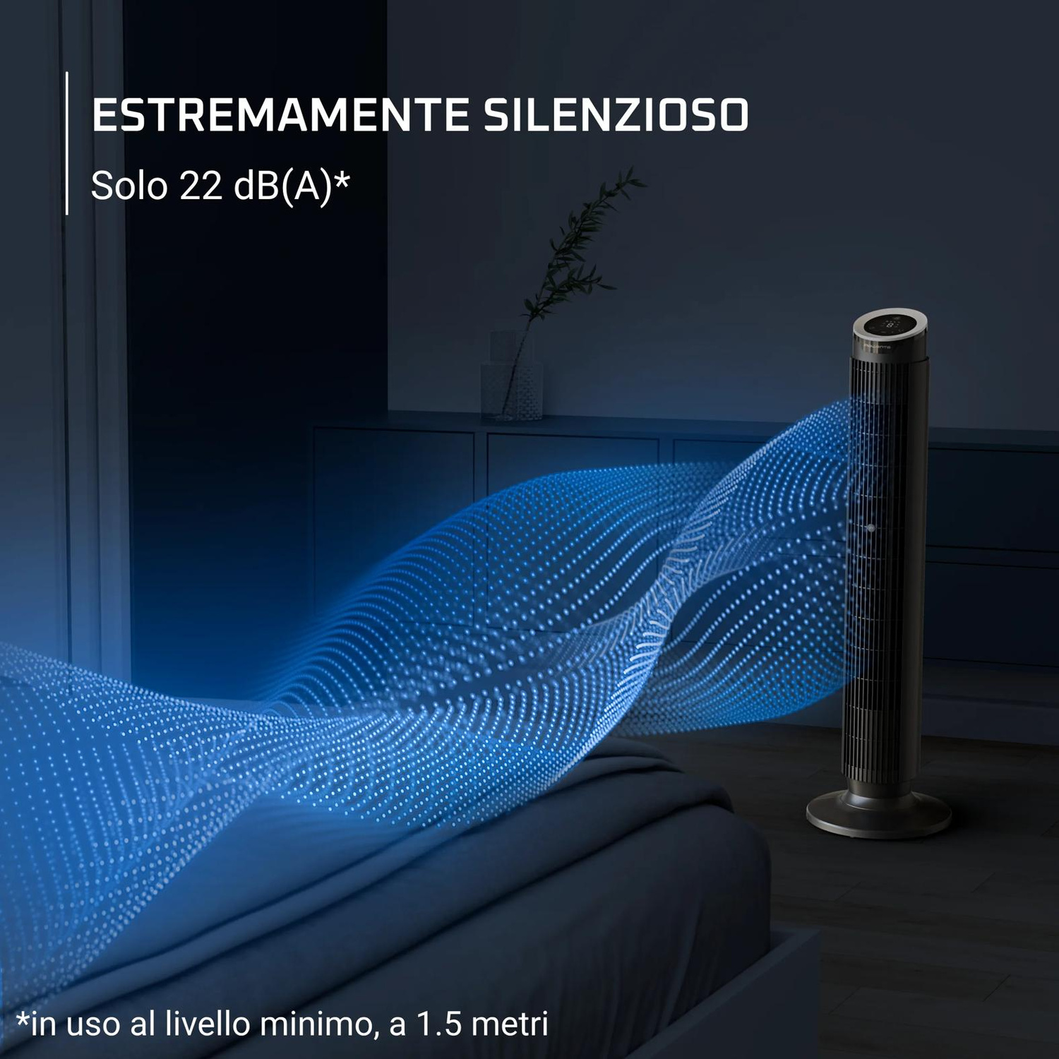 Un elegante ventilatore a torre in una camera da letto di notte, che proietta aria silenziosa.