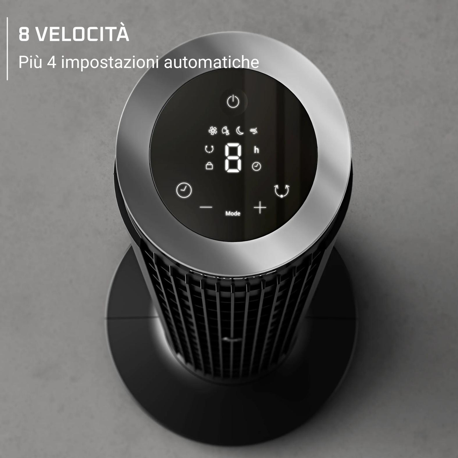 Un moderno ventilatore nero con display digitale che mostra 8 velocità e 4 impostazioni.
