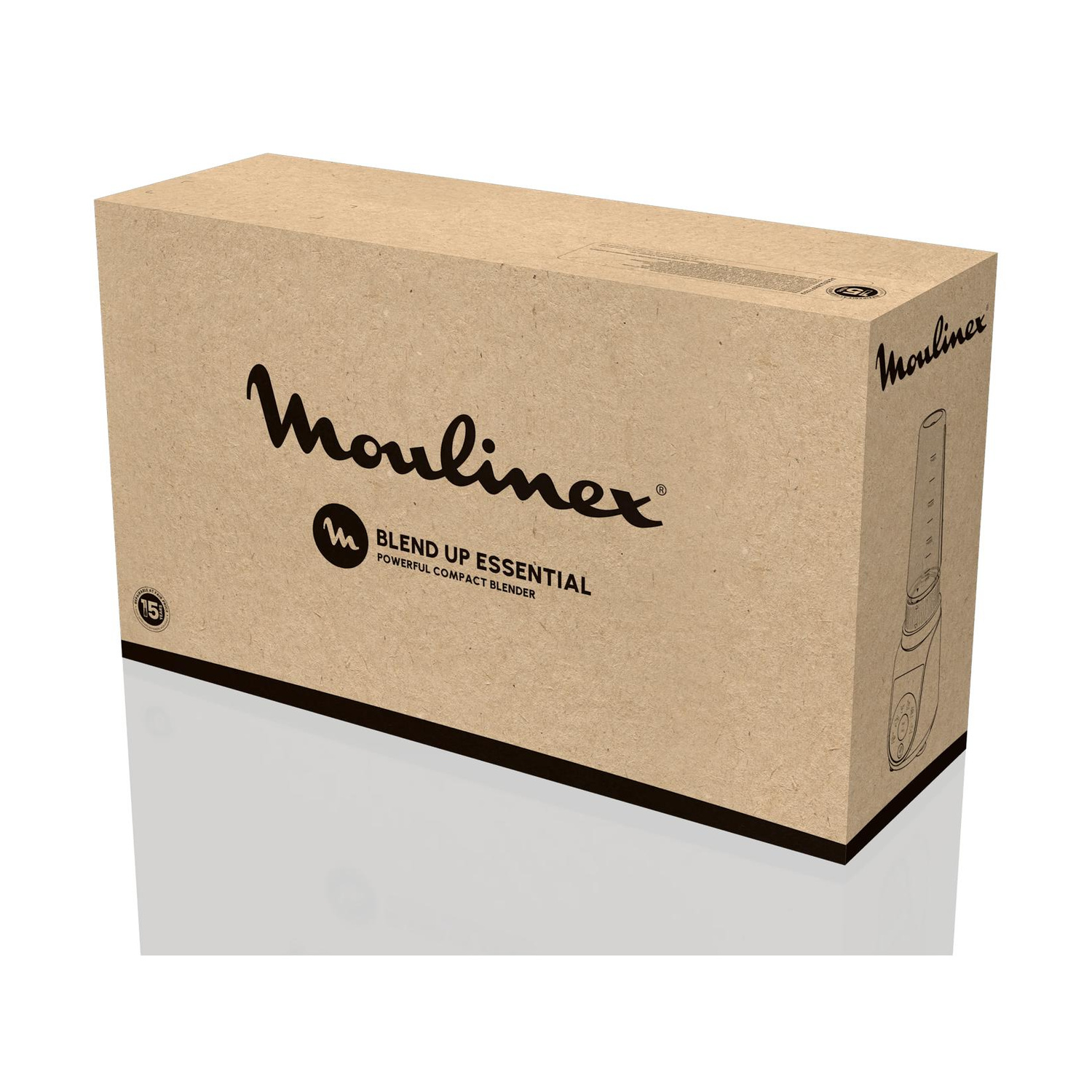 Scatola in cartone marrone con logo Moulinex e illustrazione frullatore. Nome: Blend Up Essential.