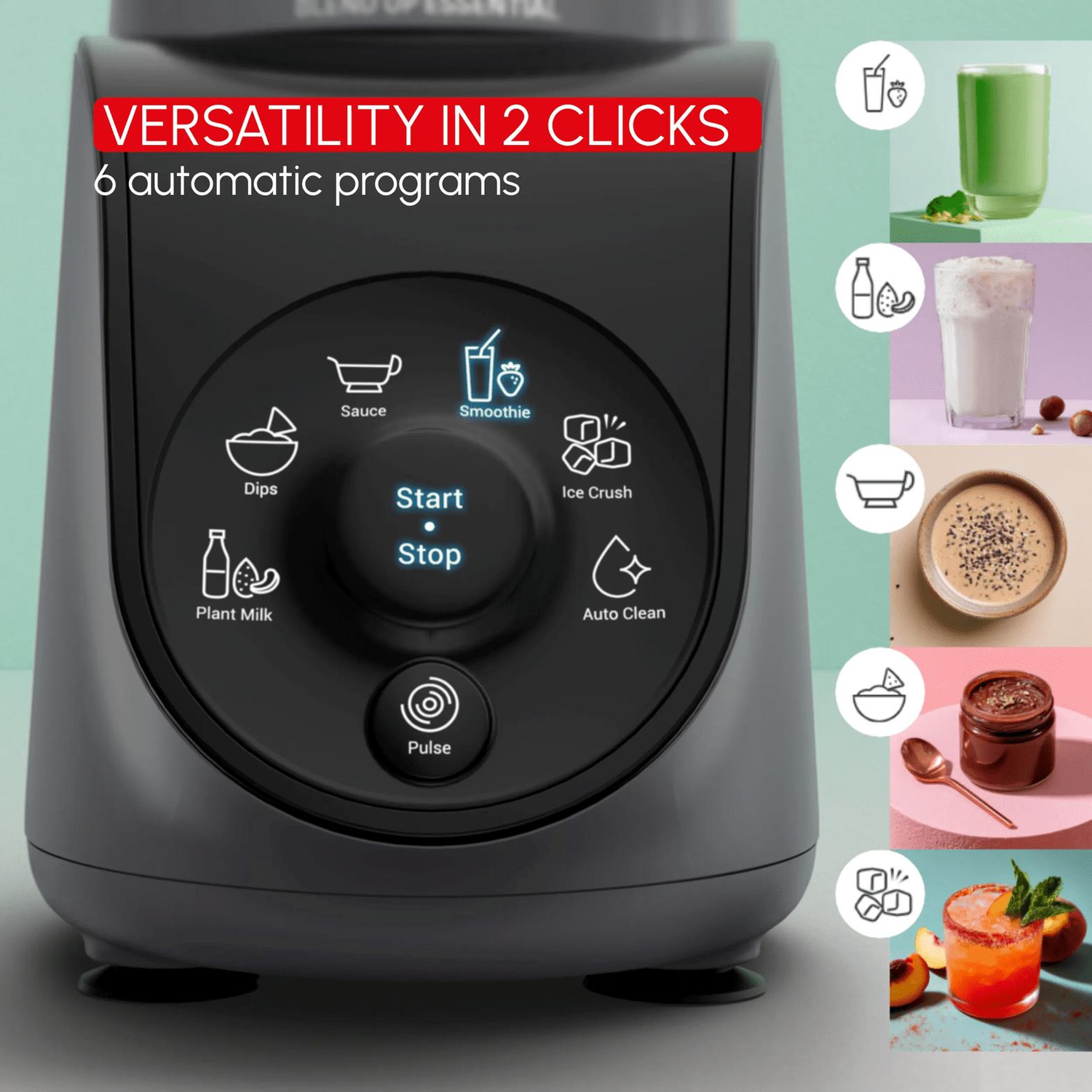 Un frullatore grigio scuro con pannello di controllo touch screen e vari programmi.